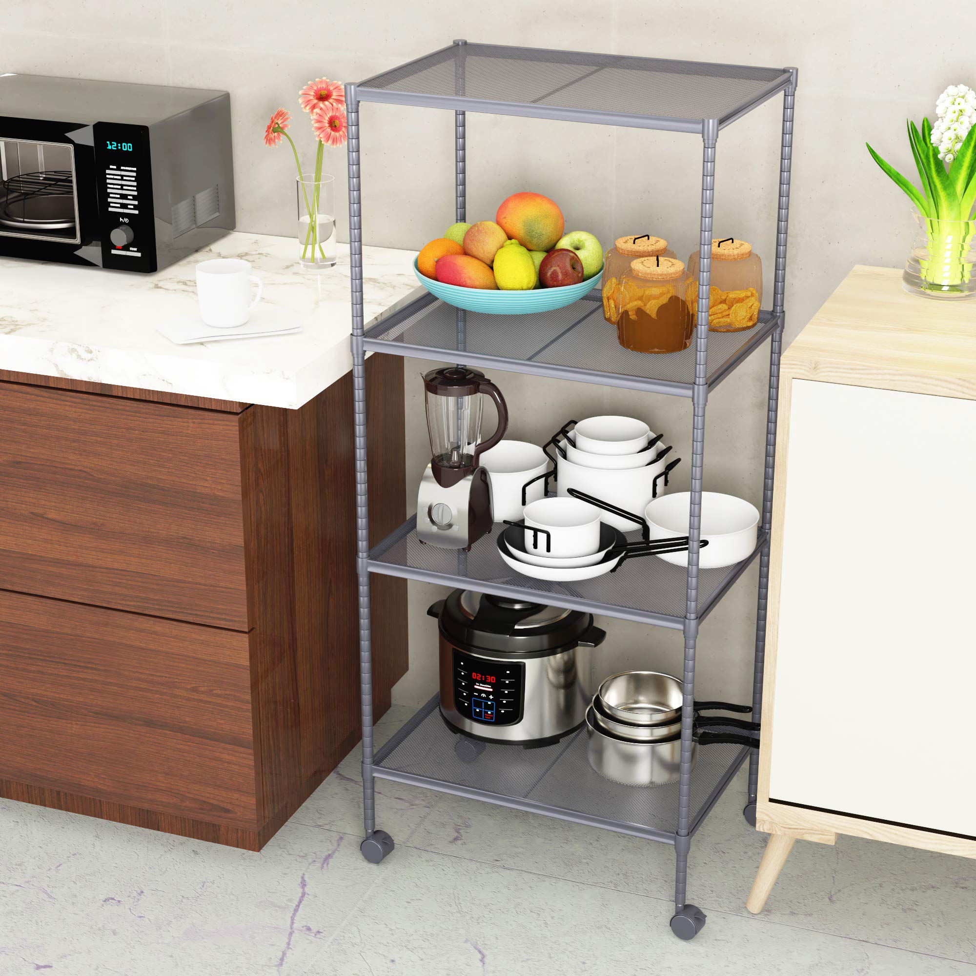 OVICAR 4-Tier Heavy Duty Steel Wire Storage Shelves with Wheels, Adjustable Metal Shelving Unit for Kitchen Pantry, Laundry Room, Garage, Closet & Tool Organization - Space Saving Storage Rack for Home & Office (Grey, 4 Tiers)