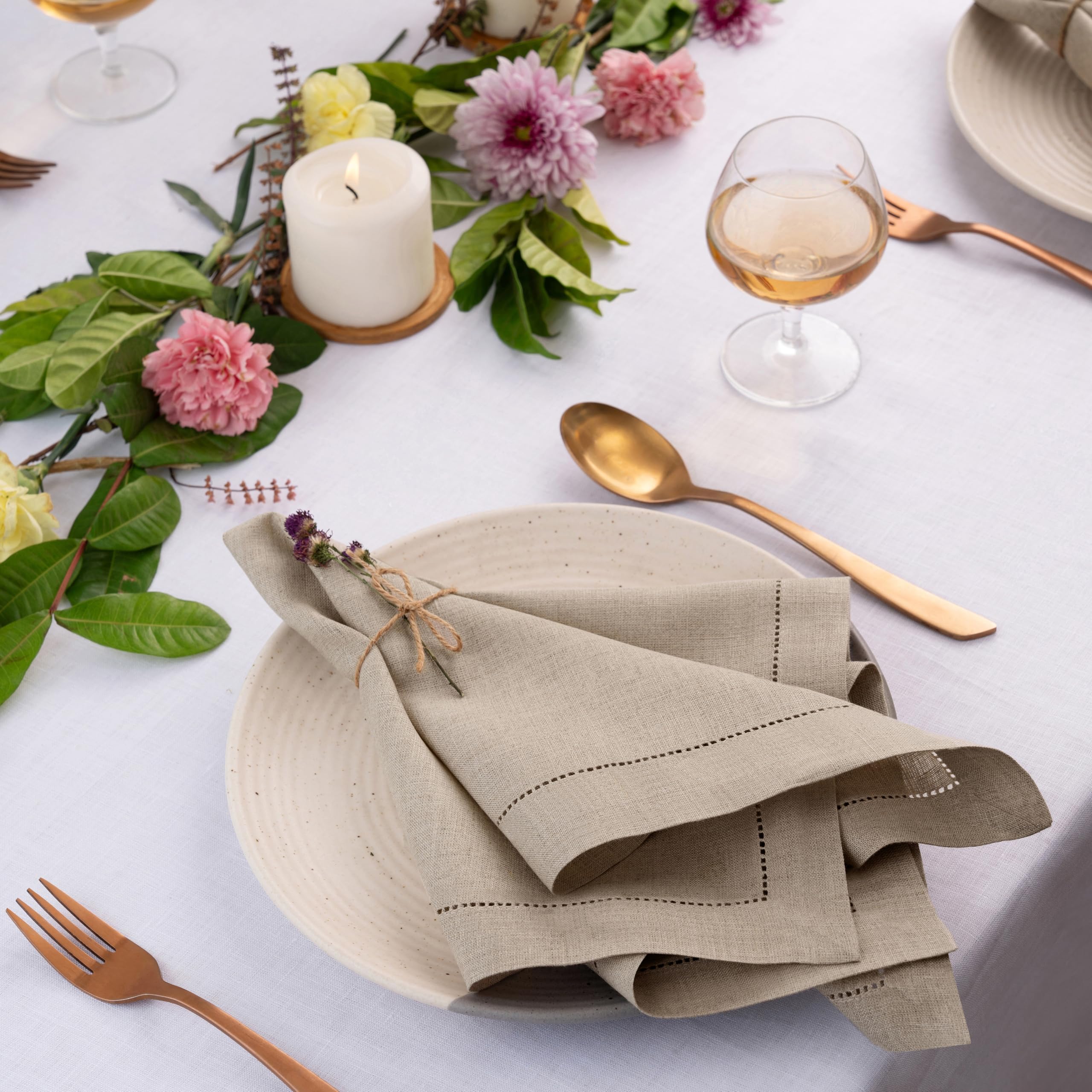 Premium 100% Pure Linen Napkins Set of 8 - 20x20 Inch Natural Linen Dinner Napkins with Classic Hemstitch - Washable & Reusable Cloth Napkins for Easter, Thanksgiving, Dinner Parties & Fine Dining - D'Moksha Homes
