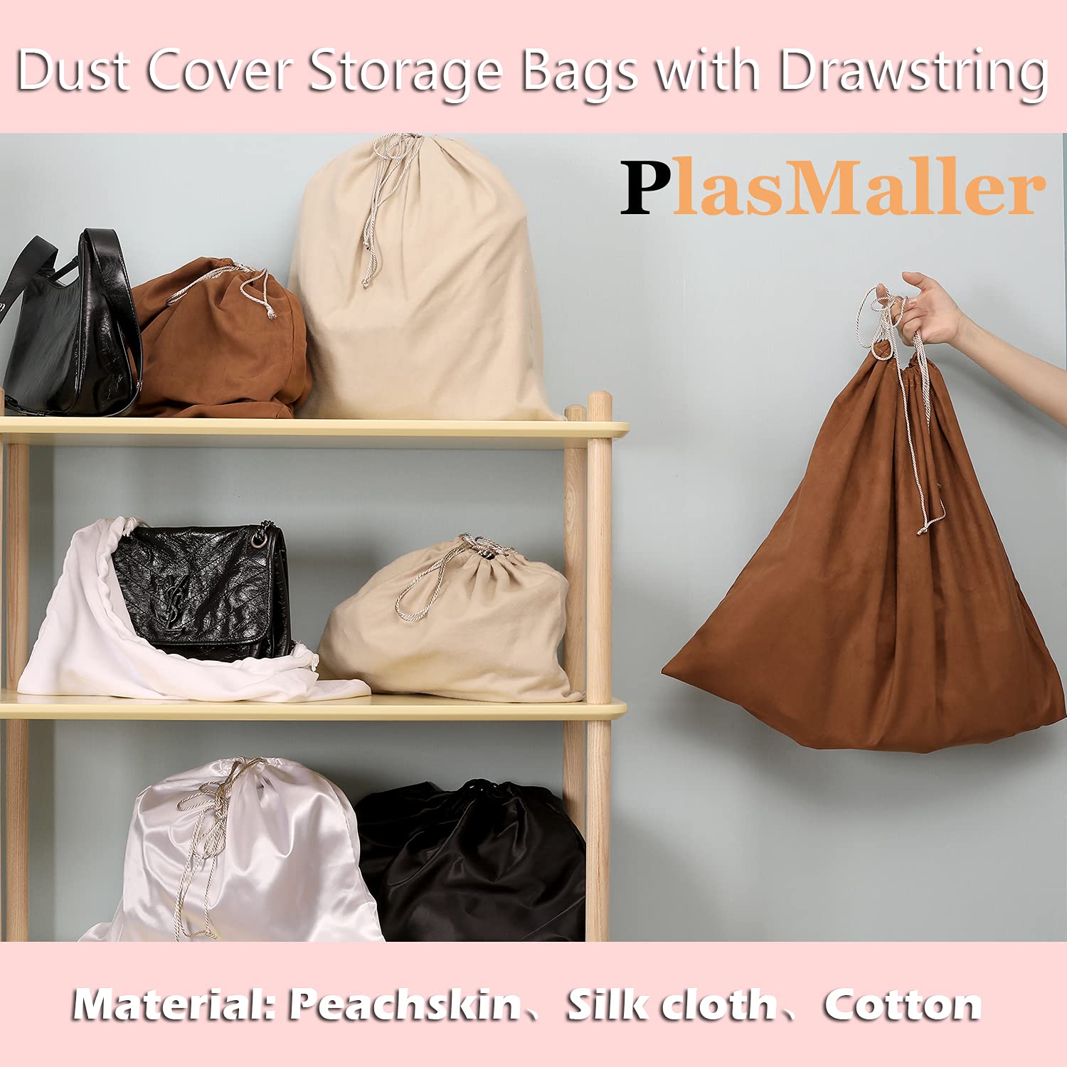 PlasMaller Dust Cover Storage Bags - 2 Pack Silk Drawstring Pouches for Handbags, Purses, Shoes & Boots | Premium Cloth Protector for Travel & Closet Organization