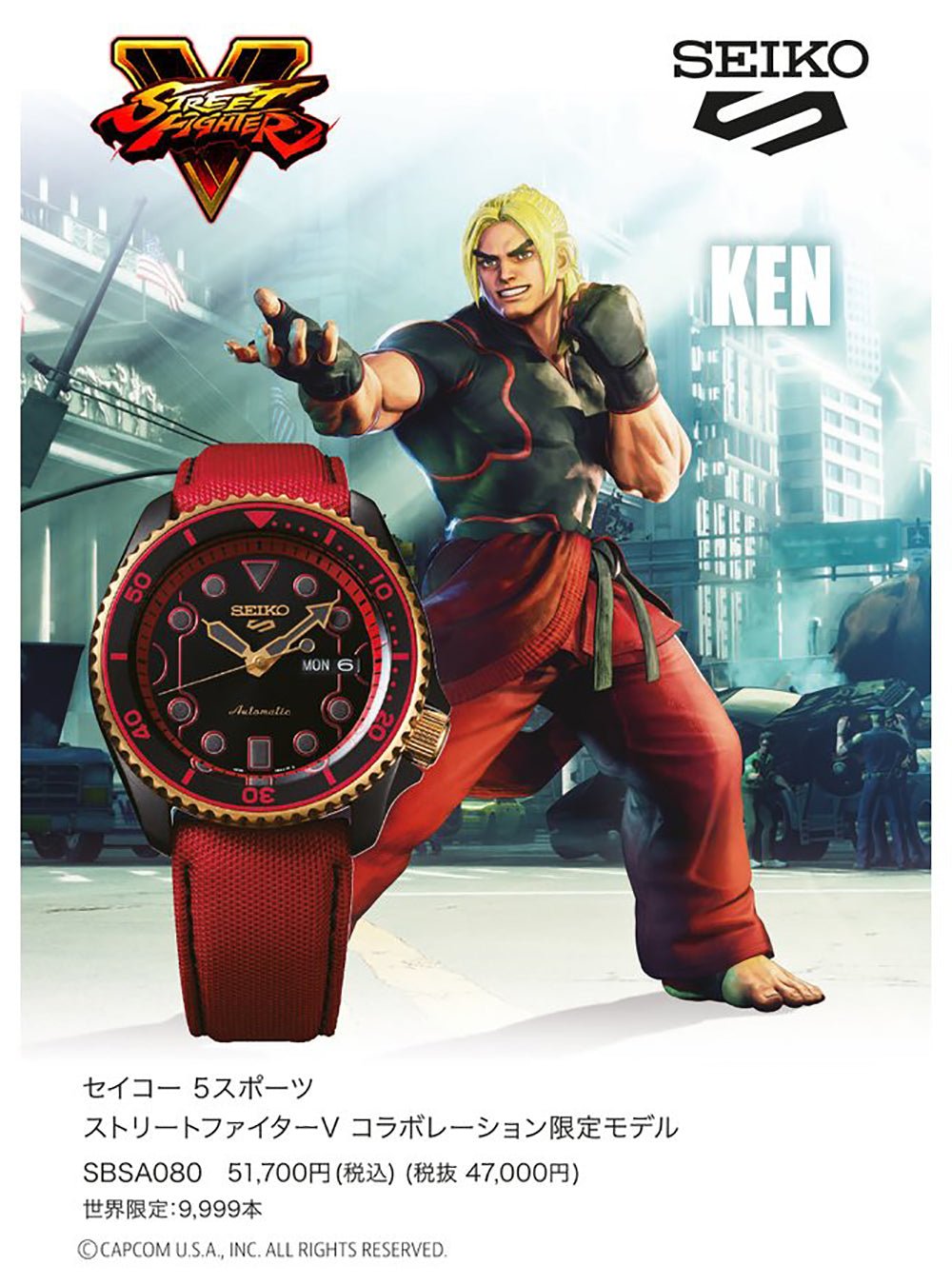 SEIKO 5 Sports Street Fighter V Limited Edition Ken Model SBSA080 Automatic Watch - Made in Japan | JDM Collectible | Perfect for Gamers, Anime Fans & Watch Enthusiasts