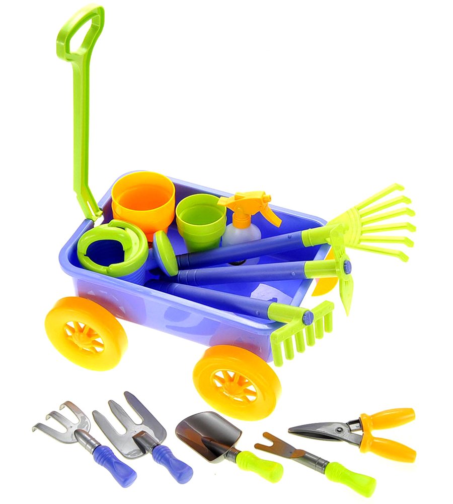 Digital Toy INC - Kids Garden Wagon & Tools Playset with 8 Gardening Tools, 4 Pots, Water Pail & Spray Bottle - Outdoor Pretend Play Toy for Toddlers & Children - Perfect for Backyard Gardening, Sandbox Play & Imaginative Role Play
