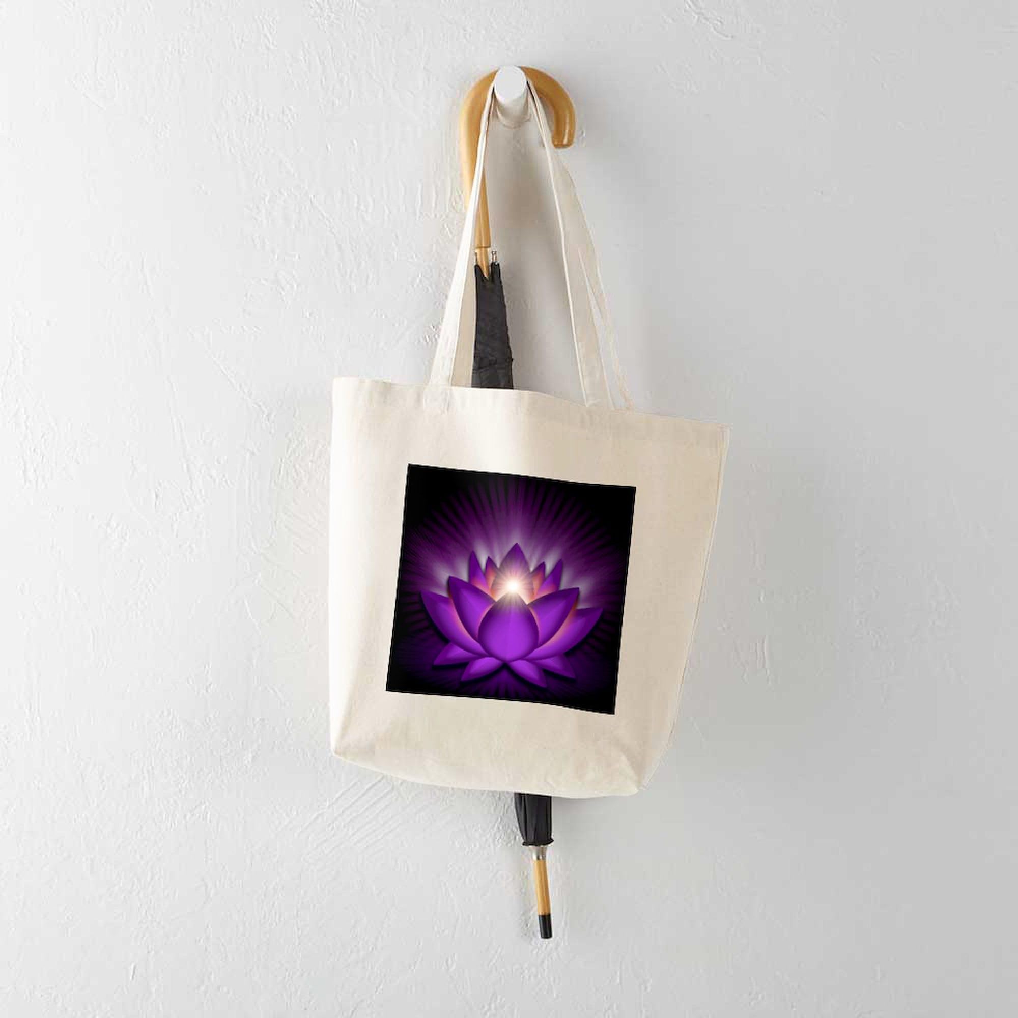 Chakra Lotus Crown Violet Square Tote Bag - Natural Canvas Reusable Shopping Bag for Yoga, Meditation & Eco-Friendly Grocery Shopping