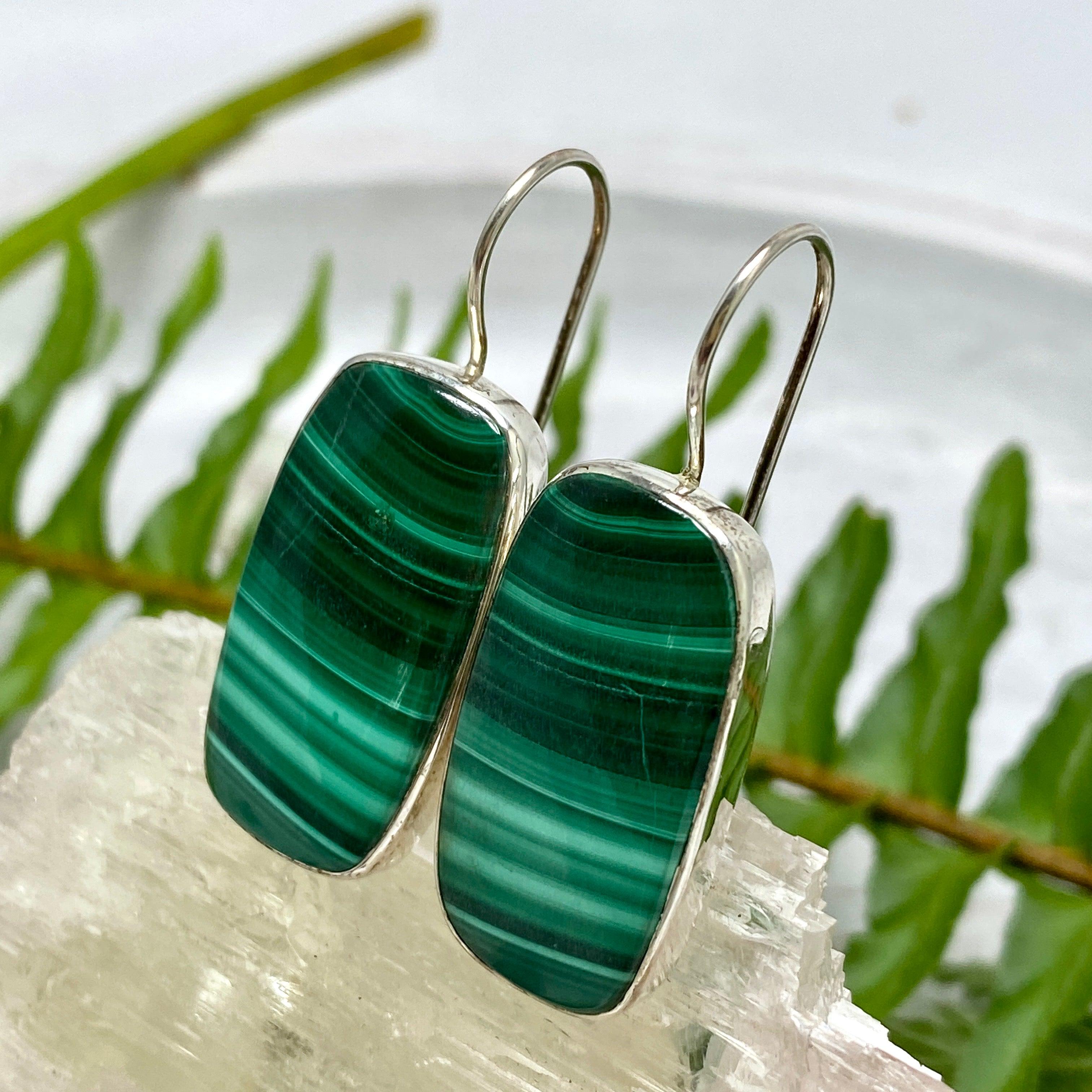 Malachite Rectangle Fixed Hook Earrings for Women - Elegant Green Stone Dangle Earrings - Perfect for Parties, Weddings & Everyday Wear