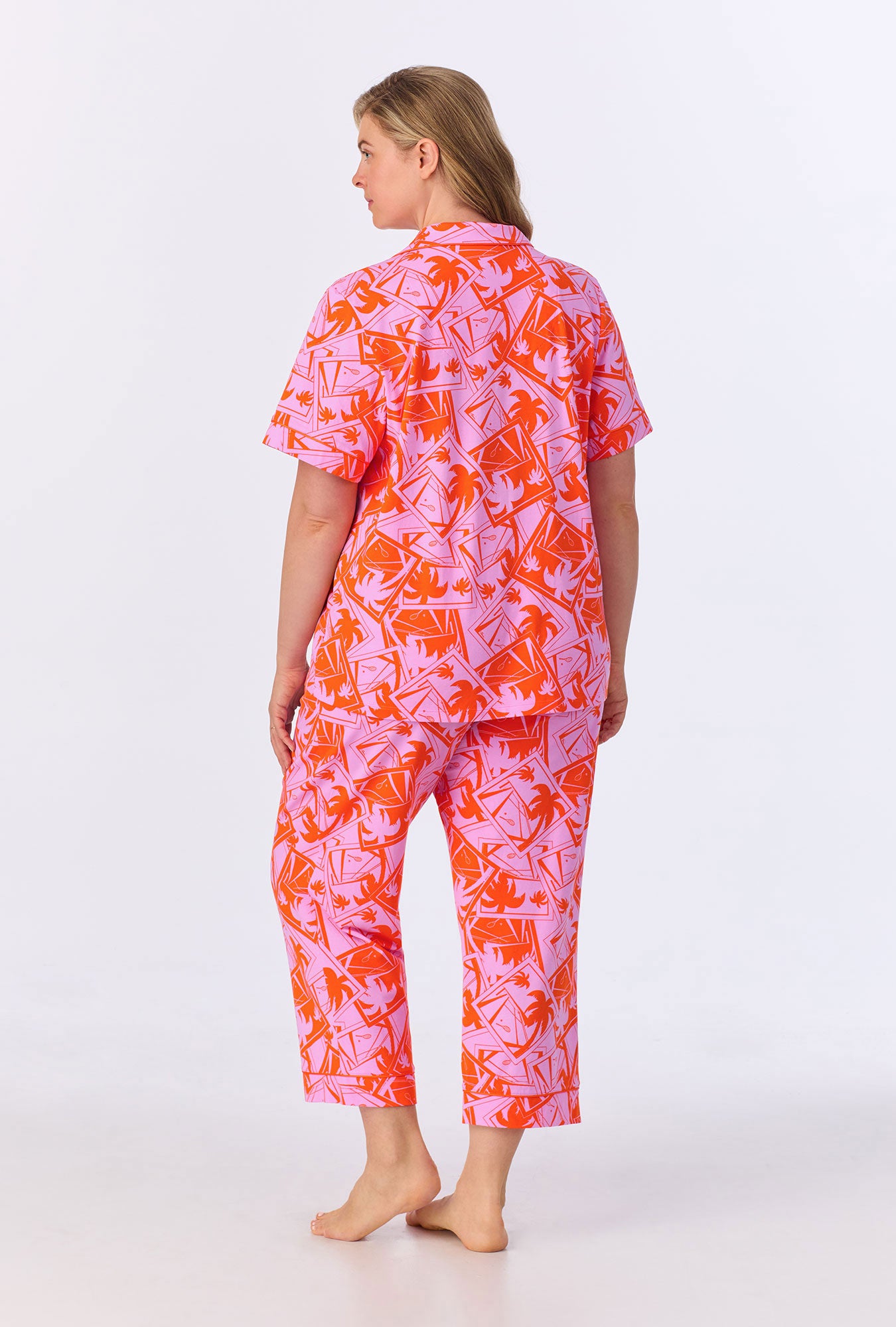 Trina Turk Pink Tennis Court Short Sleeve Stretch Jersey Cropped PJ Set - Women's Sleepwear for Comfortable Nights & Lounge Wear