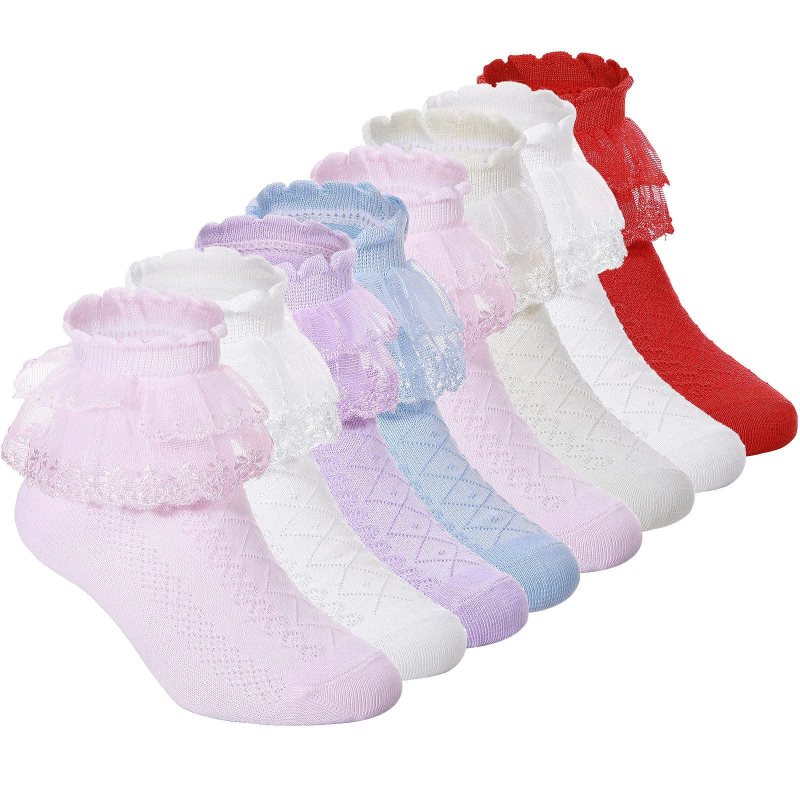 Haysandy 8 Pairs Toddler Girls Dress Socks - Cute Ruffle Frilly Lace Cotton Baby Socks for Teen Girls | Perfect for Parties, School & Special Occasions
