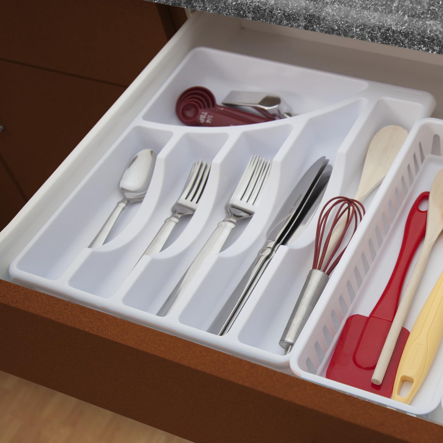 Sterilite 6-Compartment Plastic Cutlery Tray Organizer - White Kitchen Drawer Storage for Silverware, Utensils & Flatware (6-Pack) - Perfect for Home, Restaurant & Office Organization
