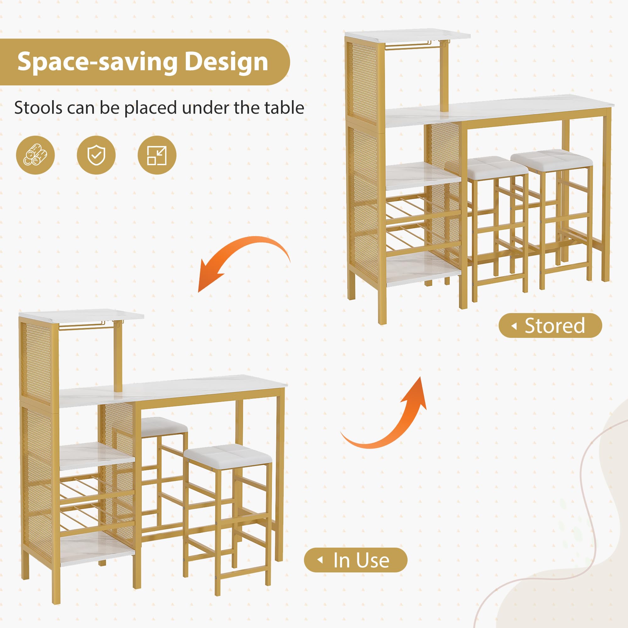 VECELO 3-Piece Bar Table and Chairs Set with Storage Shelves, Cup Holder & Wine Rack - PU Leather Cushion Stools for Small Space Kitchen, Gold - Perfect for Breakfast Nook, Apartment Balcony or Compact Dining Area