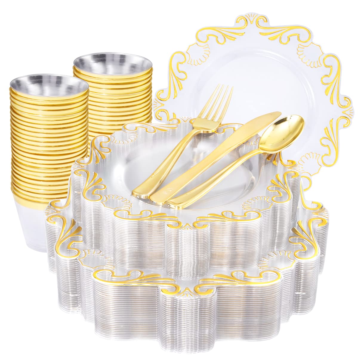 DaYammi 30-Piece Gold Plastic Party Tableware Set - Includes 30 Clear Gold Dinner Plates, 30 Dessert Plates, 30 Forks, 30 Knives, 30 Spoons & 30 Gold Tumblers - Elegant Disposable Tableware for Weddings, Bridal Showers, Birthday Parties & Special Events