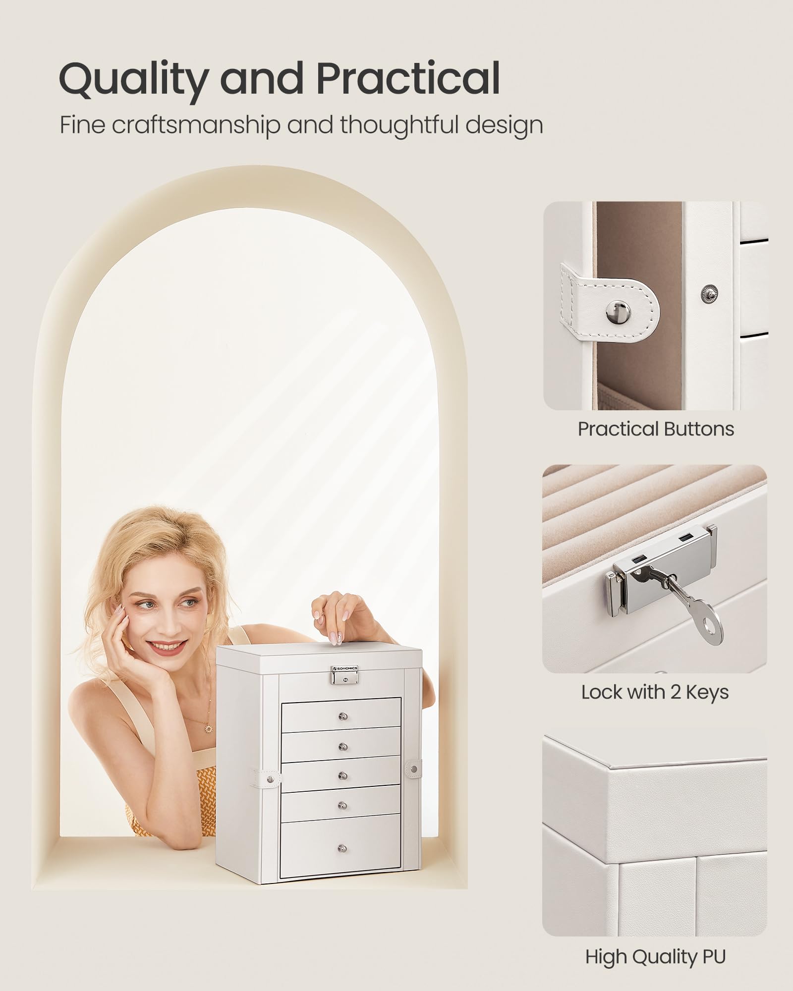 SONGMICS 6-Tier Jewelry Organizer Box with Mirror & Lock - 5 Drawer Large Capacity Watch & Jewelry Storage Case, Perfect Gift for Women - Ideal for Bedroom Vanity, Travel & Wedding Jewelry Organization (White UJBC152W01)