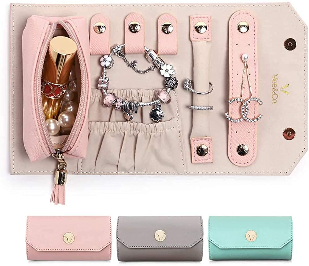 Pink Jewelry Box & Organizer with Roll - Perfect for Earrings, Rings, Chains, Watches & Lipstick Storage - Great Gift Idea for Women | Travel & Home Use