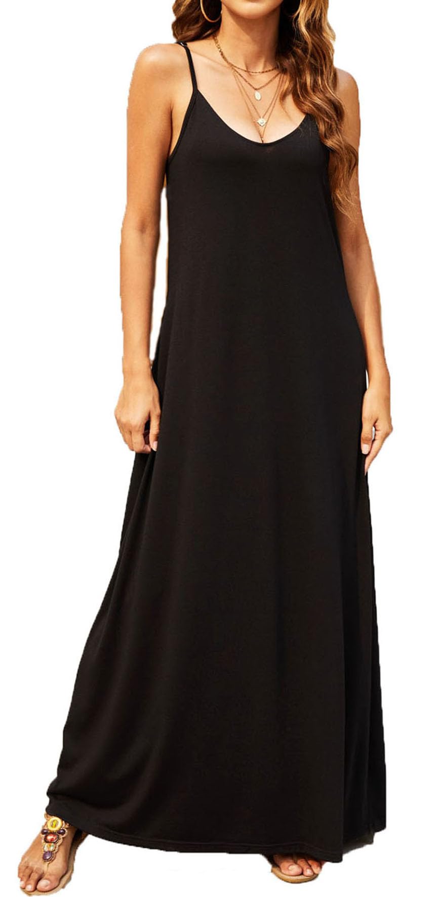 Supnier Women's Summer Maxi Dress - Casual V-Neck Sleeveless Bohemian Floral Long Dress with Pockets & Spaghetti Straps | Perfect for Beach Vacation, Date Night and Summer Outfits