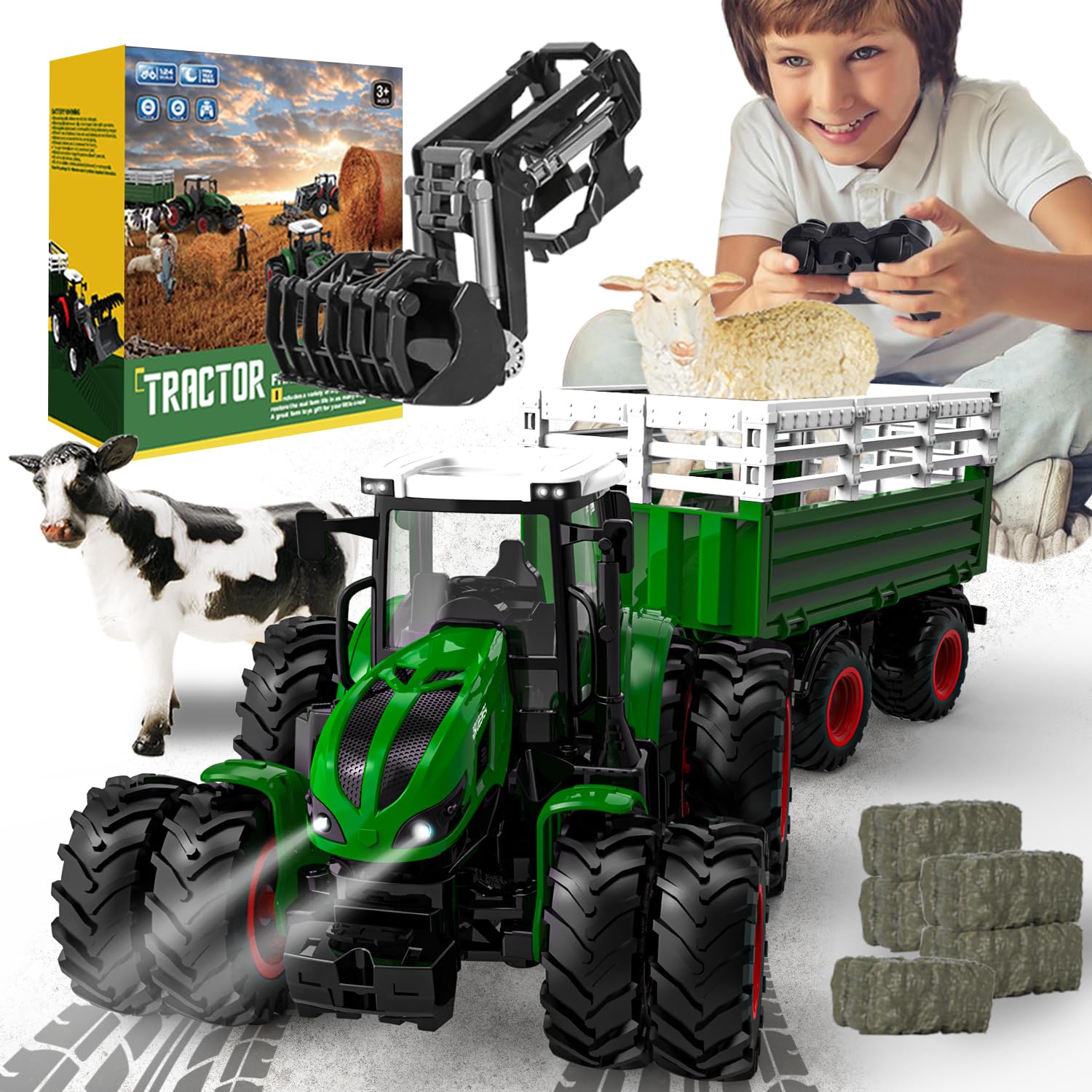 2.4GHz Remote Control Tractor Toy Set for Kids Ages 3-7 - Farm Vehicle with Trailer, Loading Arm & LED Lights - Includes Farm Animals (Cows, Sheep) & Hay Bales - Perfect for Indoor/Outdoor Play, Birthday Gifts & Educational Farm Role-Playing