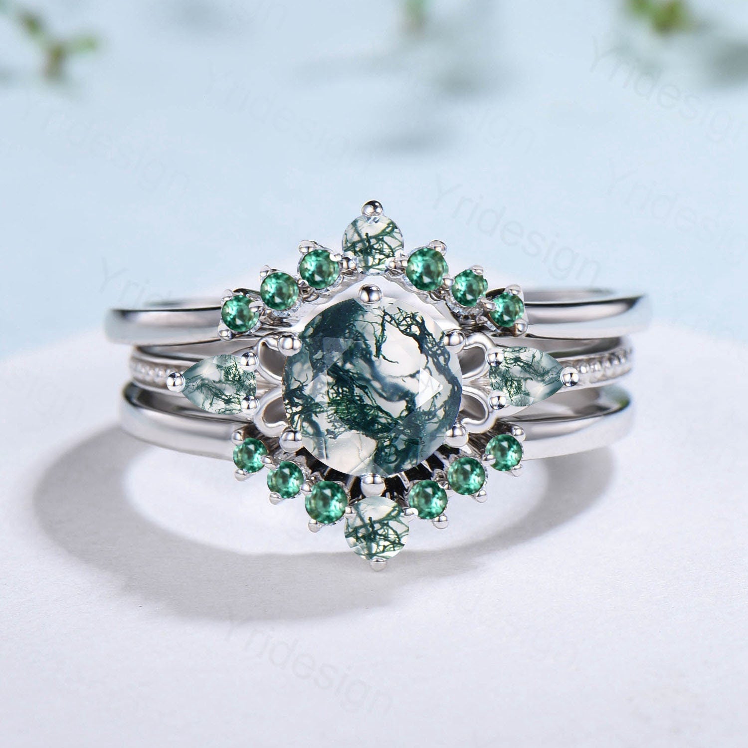 7mm Round Vintage Moss Agate Engagement Ring Set - Three Stone Pear Green Agate Wedding Ring with Milgrain Detailing - Elegant Emerald Bridal Jewelry for Women - Perfect for Proposals, Anniversaries & Special Occasions