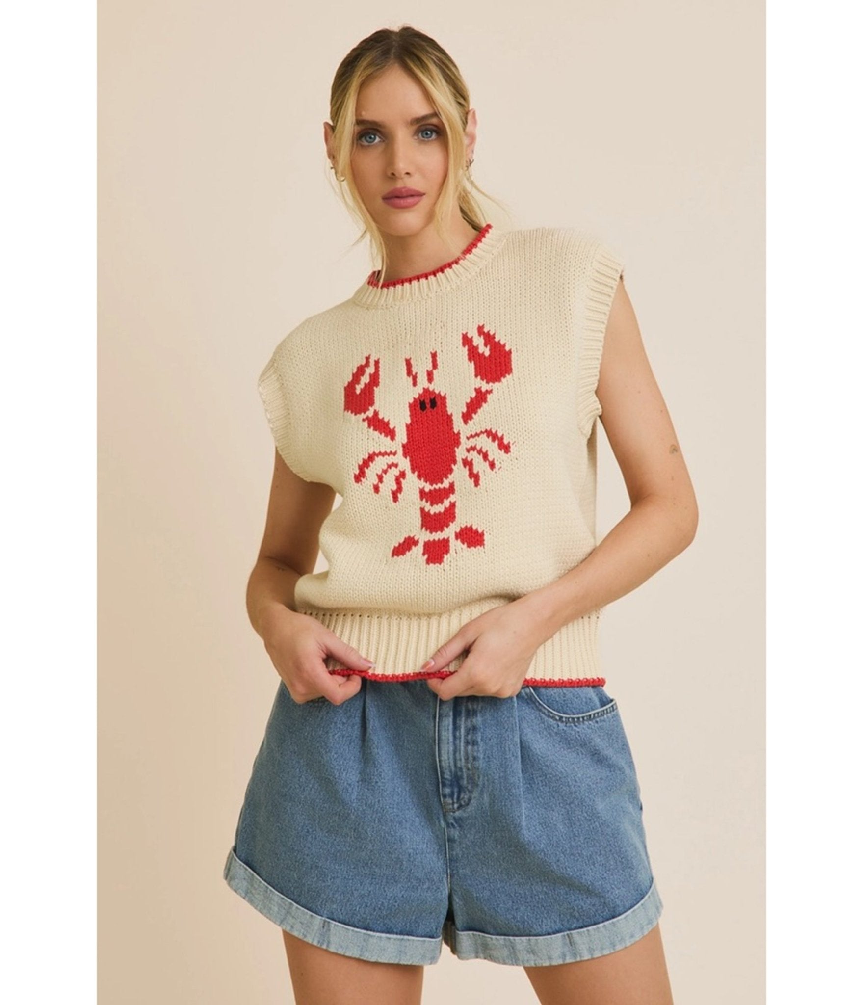 Stylish Cream & Red Lobster High Neck Sleeveless Sweater for Women - Perfect for Casual Outings, Date Nights & Fall Layering