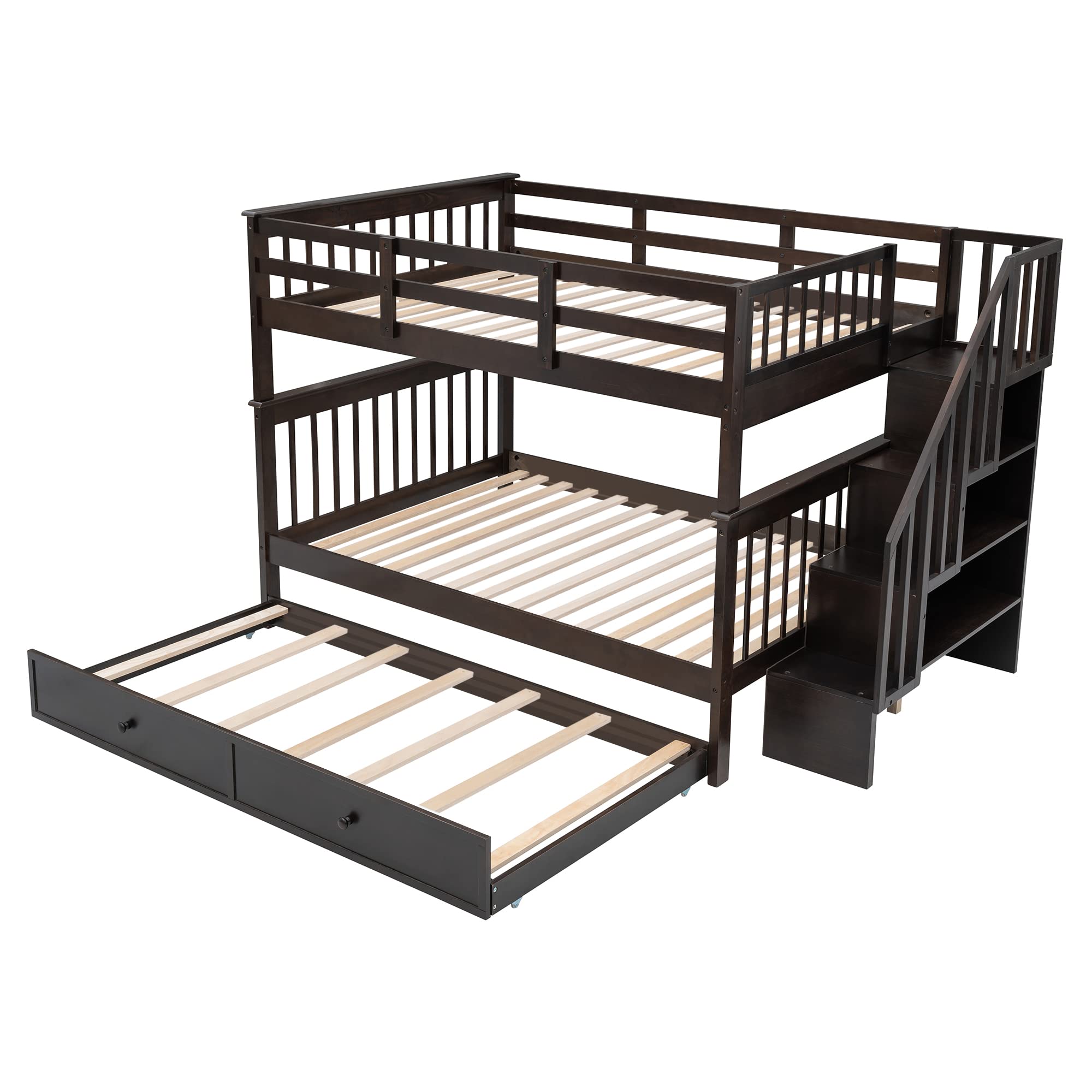 MERITLINE Full Over Full Wooden Bunk Bed Frame with Trundle & Stairs - Convertible Kids Bunk Bed in Espresso Finish | Space-Saving Twin Bunk for Bedrooms, Guest Rooms & Vacation Homes