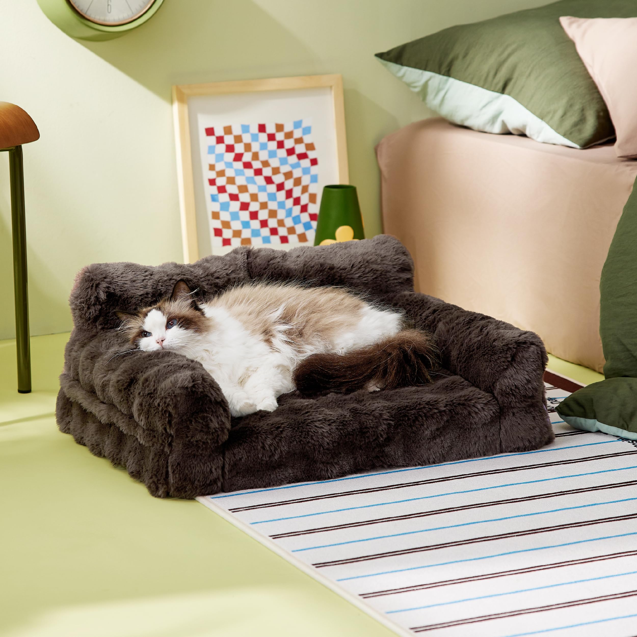 Orthopedic Cat Couch Bed - Waterproof Pet Sofa with Supportive Egg Foam for Small & Medium Cats & Dogs, Washable Fluffy Faux Fur Bubble Cover, Non-Slip Bottom (Brown) - Perfect for Living Room, Bedroom & Pet Play Areas