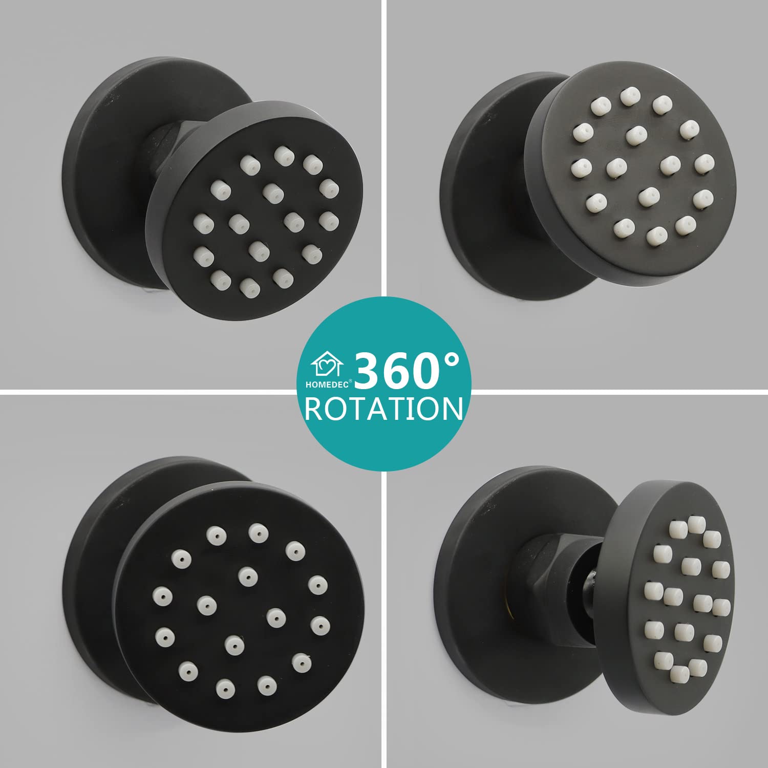 HOMEDEC 2 Inch Round Brass Shower Head with Spa Massage Wall Jets - 6 Pack Matte Black Swivel Shower Panel for Bathroom & Spa Relaxation - Perfect for Home, Hotel, and Gym Use