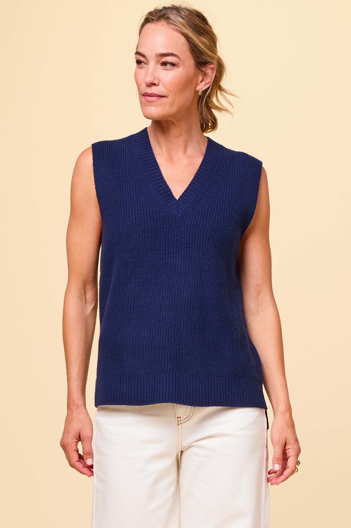 Merino Wool Ribbed V Neck Tank Top for Women - Soft & Breathable Navy Blue Sleeveless Shirt - Perfect for Layering, Workouts & Casual Wear