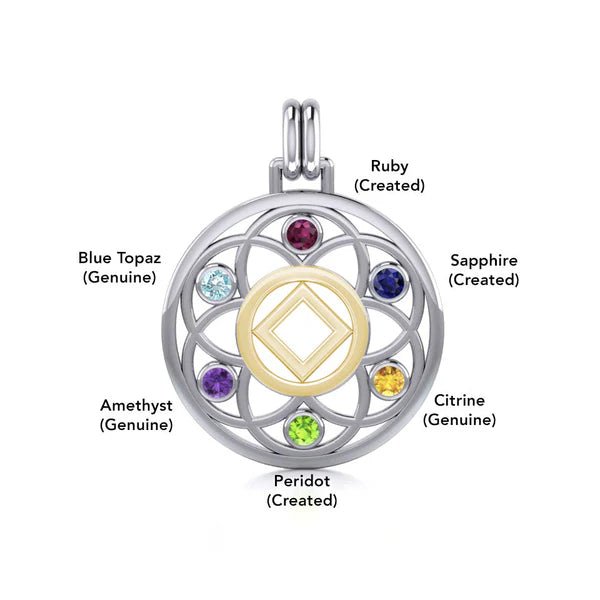 Flower of Life Sterling Silver & 14K Gold Accent Recovery Pendant with AA or NA Symbol & Genuine Gemstone - Spiritual Jewelry for Addiction Recovery & 12-Step Programs