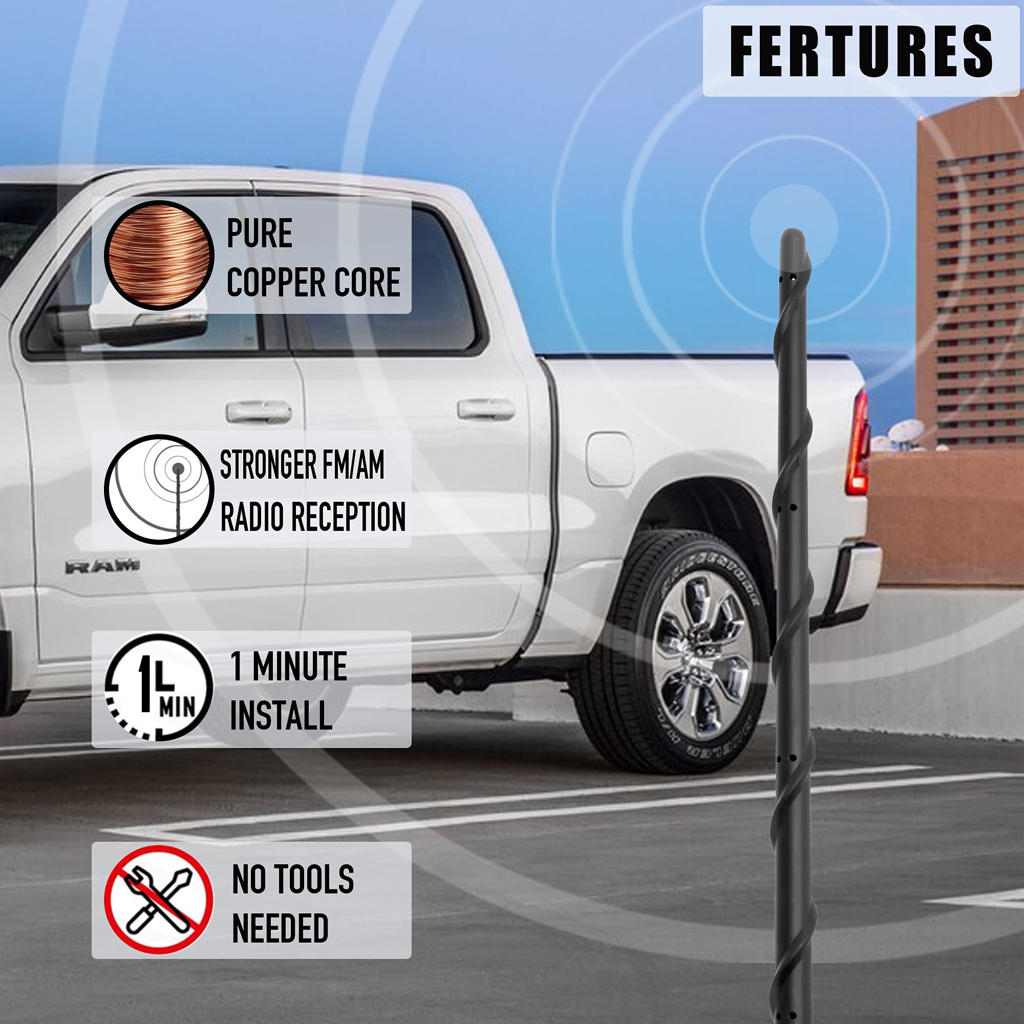 KSaAuto 13 Inch Black Rubber Spiral Truck Antenna for Dodge RAM Ford F150 F250 F350 Bronco - FM AM Radio Replacement - Easy Installation - Perfect for Off-Roading & Highway Driving