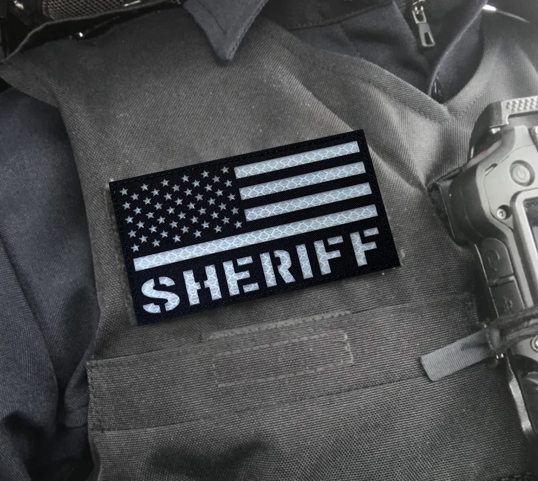 2 Pack US Flag Sheriff Patch - Hook Back for Tactical Vest & Collar - Reflective, Black-White - Perfect for Police & Military Gear