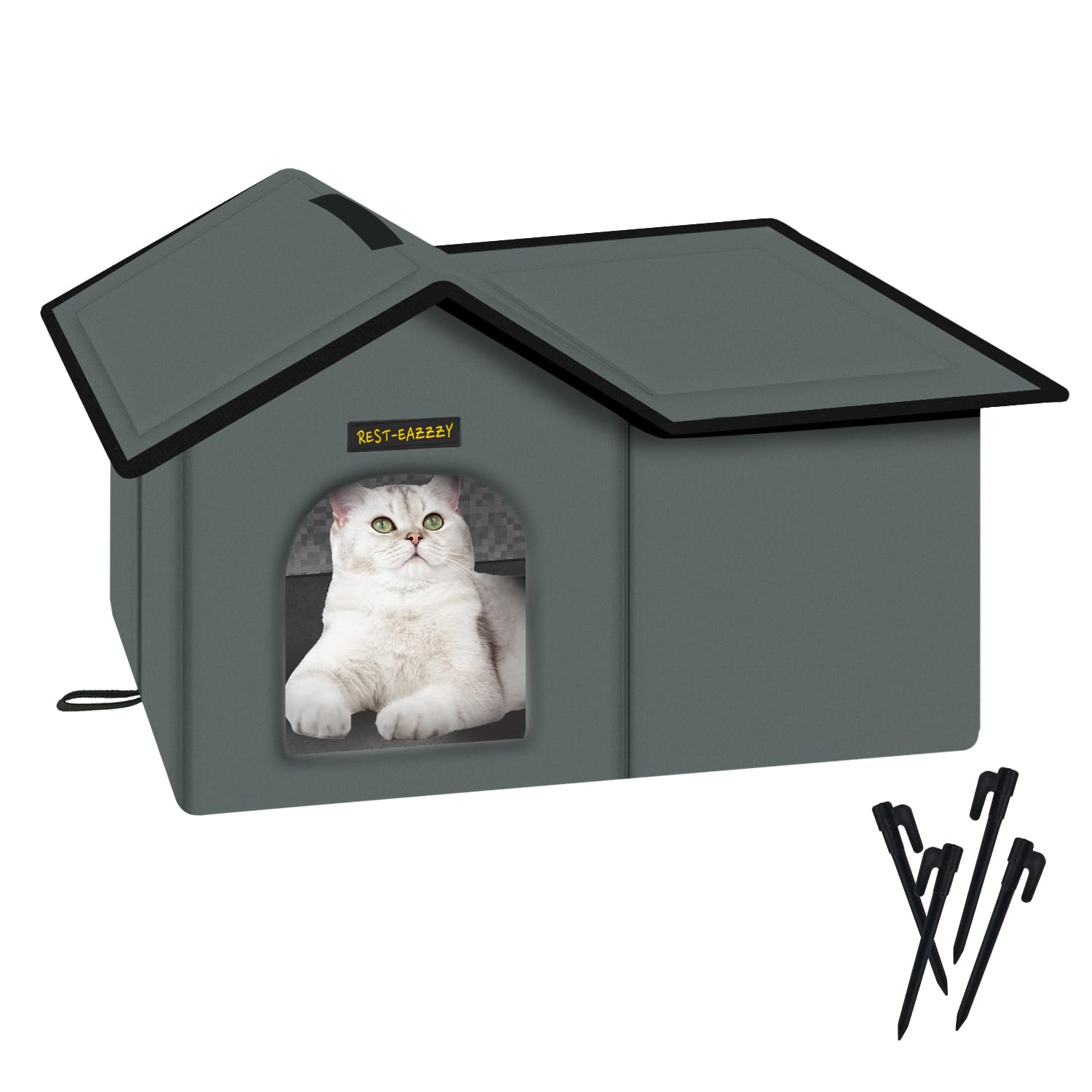 Rest-Eazzzy Weatherproof & Insulated Outdoor Cat House - Self-Warming Winter Shelter for Feral Cats with Mat & Clip (Grey, Waterproof, Large) - Perfect for Backyards, Garages & Cold Weather Protection