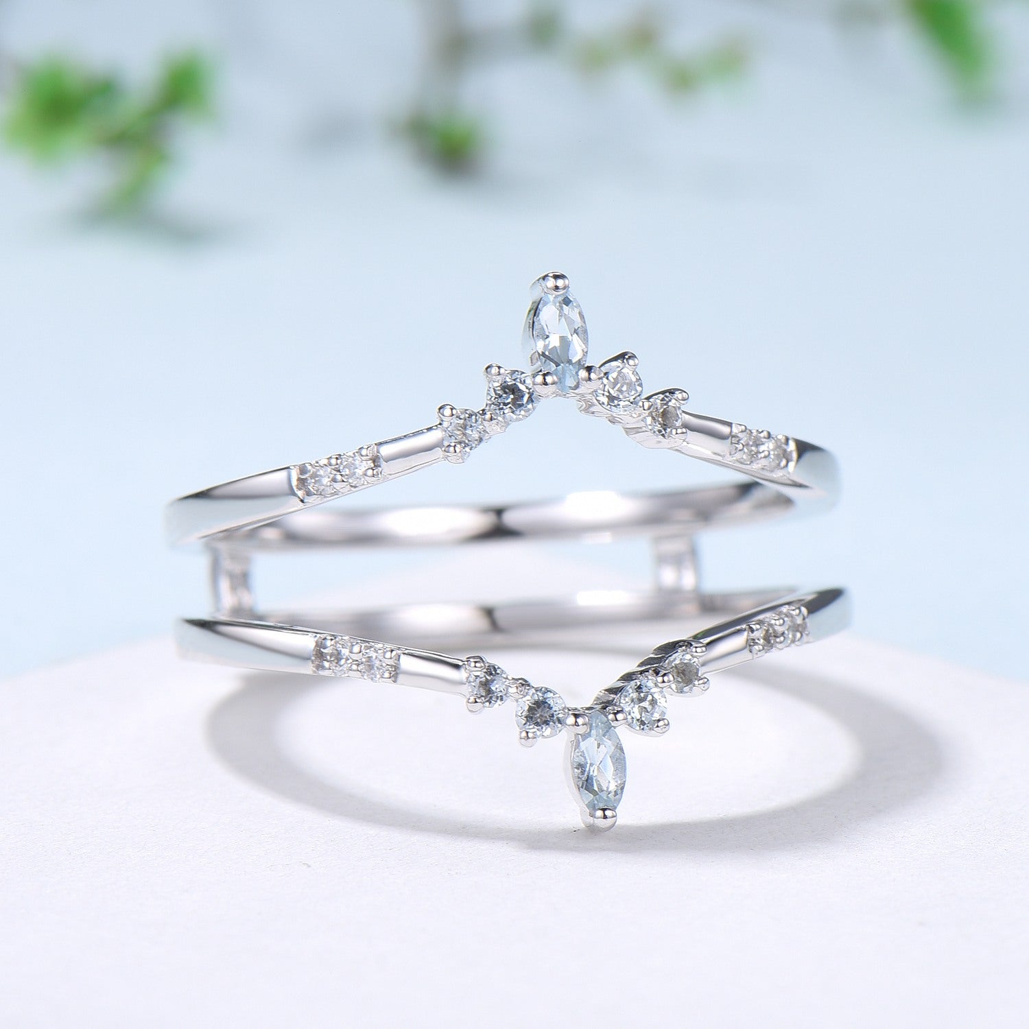 Double Curved Aquamarine Wedding Band - Sterling Silver & White Gold Stackable Ring Set - March Birthstone Anniversary Gift for Women - Perfect for Bridal Jewelry, Stacking Rings & Special Occasions