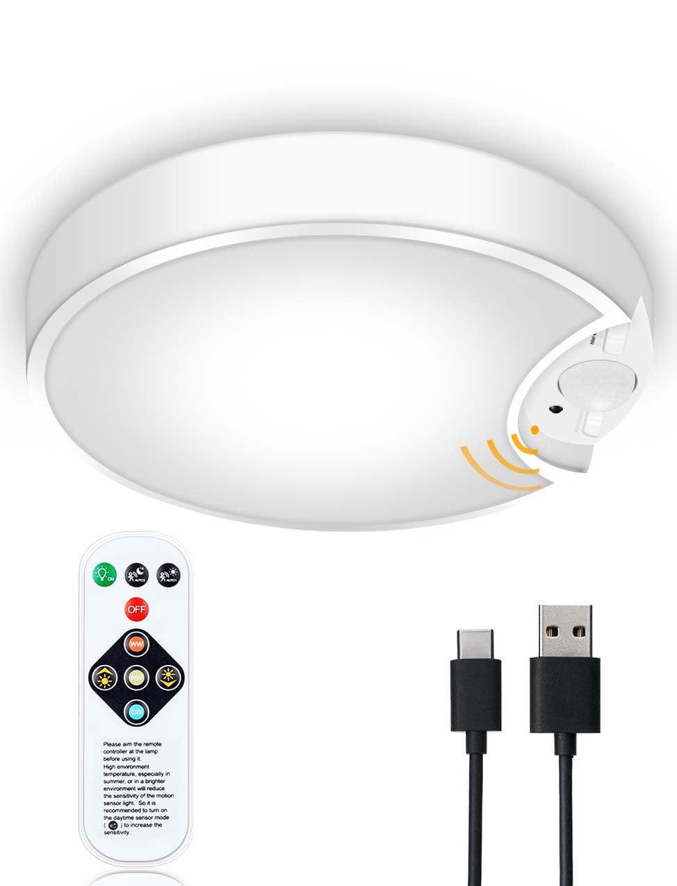 Molrebe Motion Sensor Ceiling Light - USB Rechargeable LED Light with 3 Color Temperatures for Indoor/Outdoor Use | Perfect for Bathroom, Closet, Stairs, Porch, Hallway & Pantry Lighting | Energy-Efficient Wall & Ceiling Mount Installation