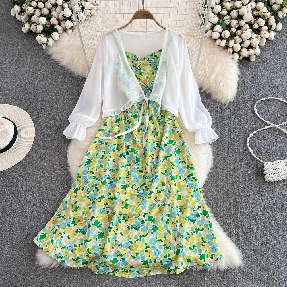 Fairy Chiffon Cardigan & Sleeveless A-Line Floral Dress 2-Piece Set for Women - Summer Beach Cover Up, Boho Wedding Guest Outfit, Casual Date Night Dress