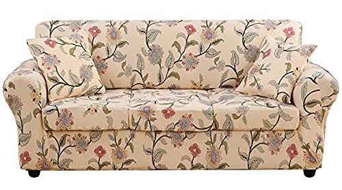 Floral Stretch Sofa Cover 4-Piece Set - Elastic Polyester Spandex Slipcover for 3-Cushion Couch Protector (3-Seater) - Perfect for Living Room Decor, Furniture Protection & Home Styling