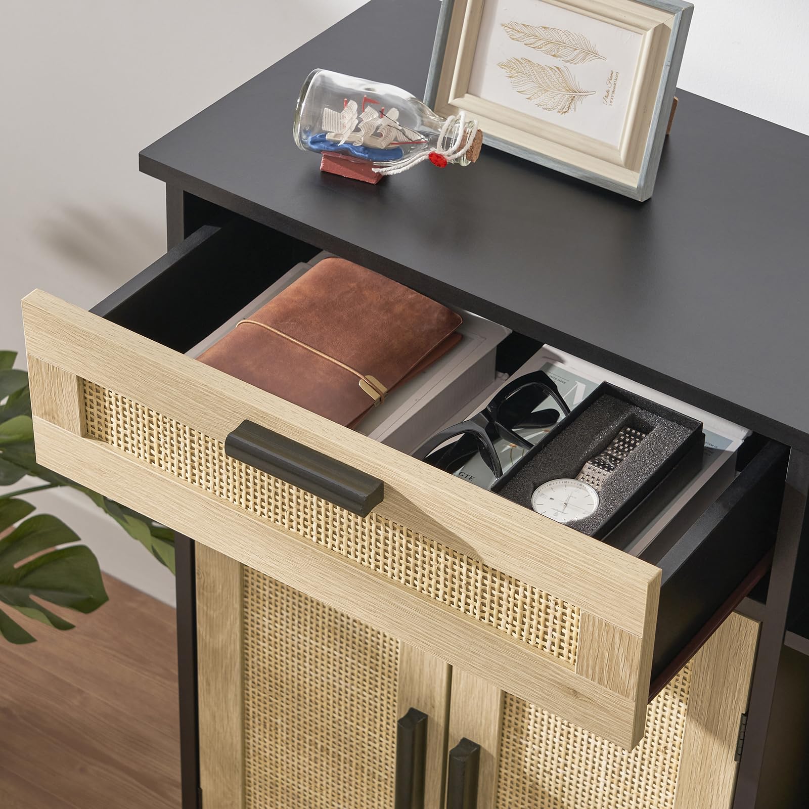 WEENFON Rattan Storage Cabinet with Drawer & Doors - Adjustable Shelves Sideboard Buffet Cabinet for Living Room, Entryway, Hallway - Black & Natural Wood Floor Cabinet for Home Organization & Decor