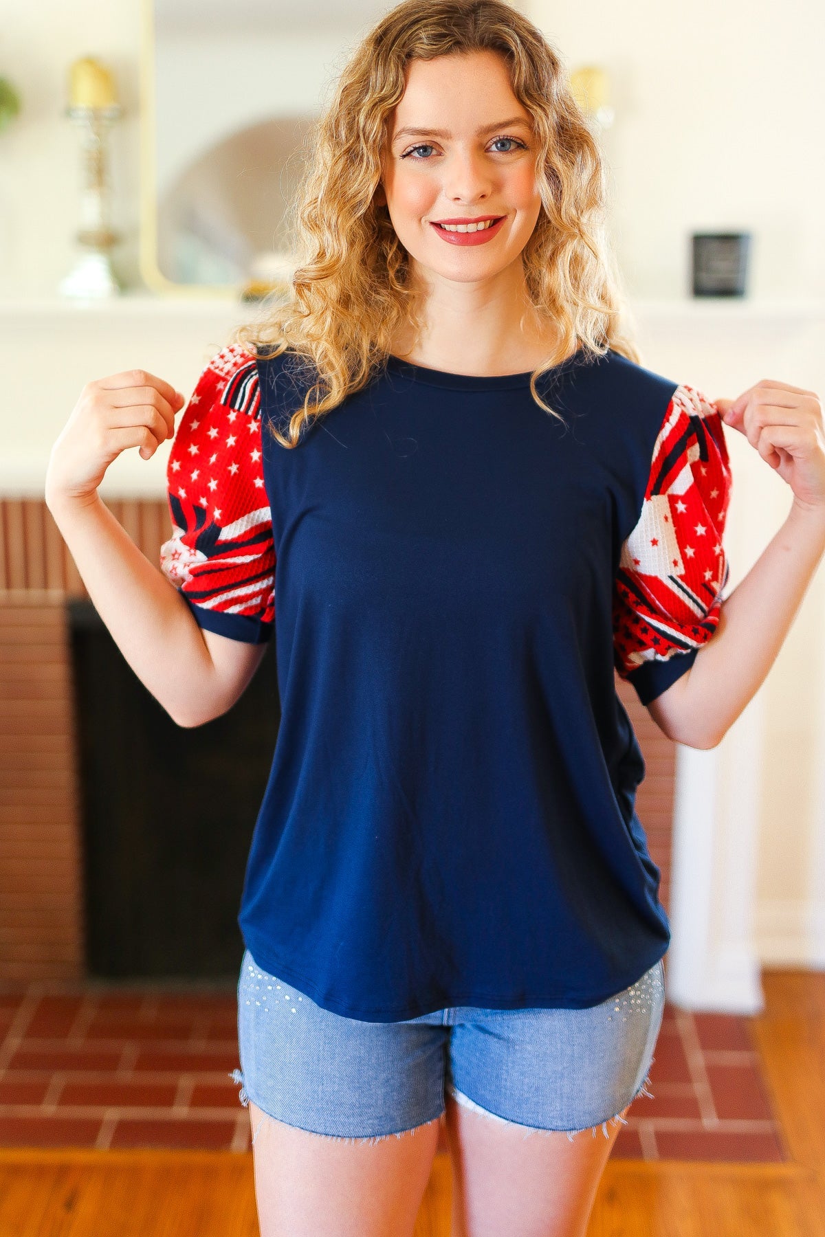 Stylish Navy Patriotic Patchwork Puff Sleeve Top for Women - Perfect for Holiday Parties & 4th of July Celebrations