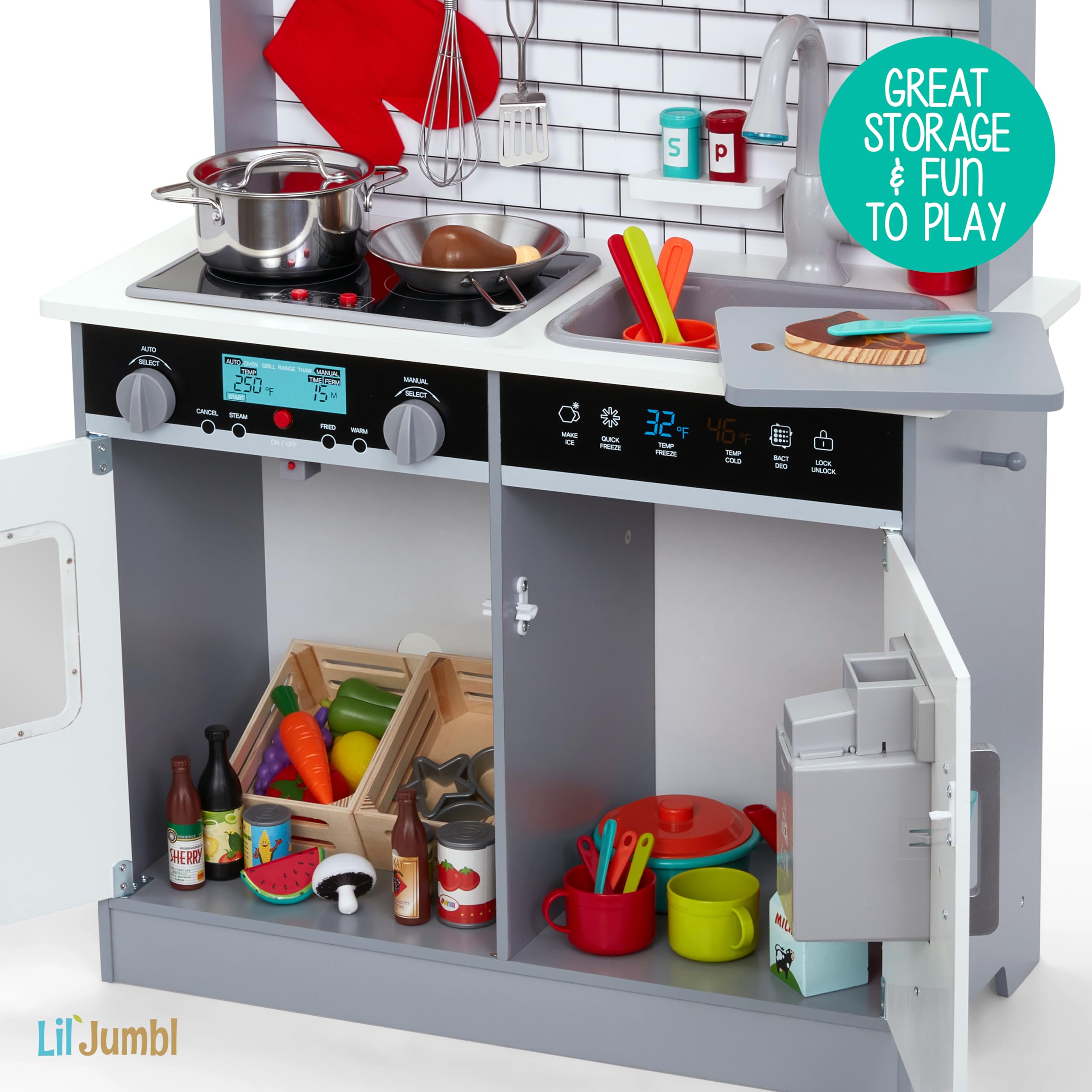 Lil' Jumbl Kids Wooden Play Kitchen Set with Realistic Sound & Light - Includes Range Hood, Microwave, Stove, Oven, Pots, Pans, Cutting Board & Utensils - Perfect for Pretend Play & Early Childhood Development