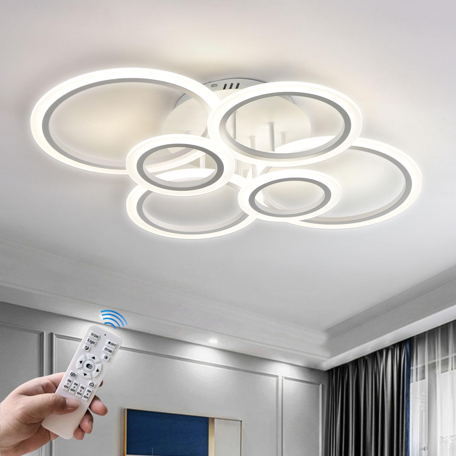 Modern 6-Ring LED Ceiling Light Fixture with Remote Control - Dimmable Flush Mount Lighting for Living Room, Bedroom, Kitchen & Dining Room - Energy Saving Home Decor & Ambient Lighting Solution