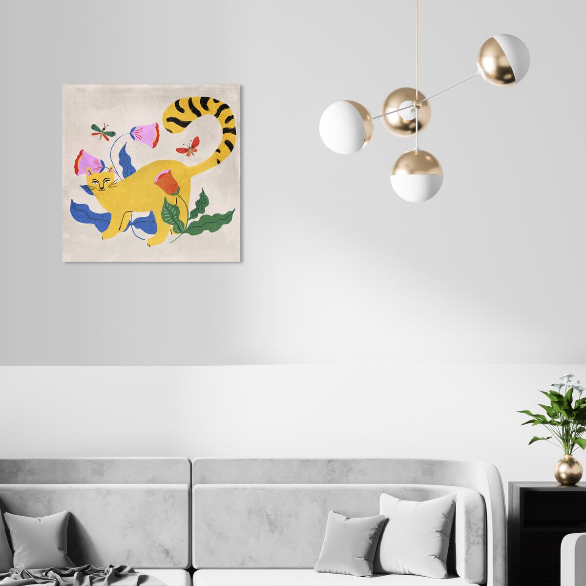 Modern Yellow Floral Kitten Butterfly Canvas Wall Art Print - Blonde Tabby Cat Garden Decor for Bedroom, Living Room & Nursery | Home Wall Decorations