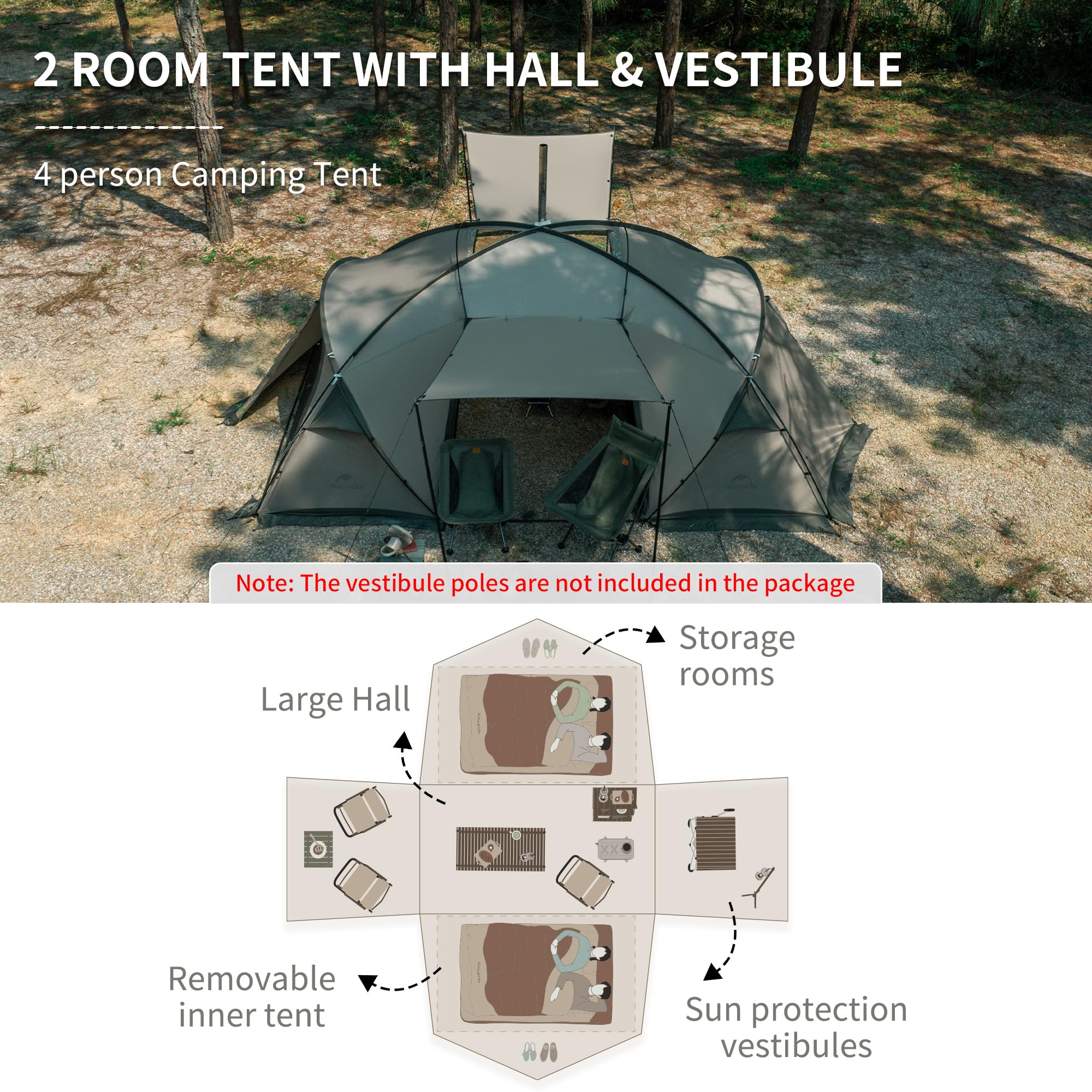Naturehike Massif 4 Season Hot Tent with Stove Jack - Waterproof Windproof Winter Camping Tent for 1/2/4 Person - UPF50+ Sun Protection with Spacious Room & Hall - Perfect for Family Camping, Hunting Trips & Winter Outdoor Adventures