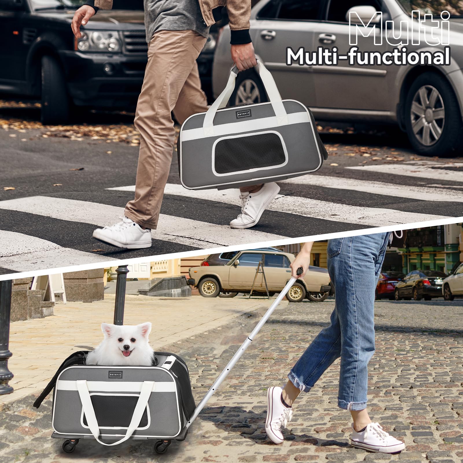 Petsfit Airline Approved Pet Carrier with Wheels - Lightweight Travel Carrier for Small Dogs & Cats, Adjustable Safety Strap & Removable Wheels - Perfect for Air Travel, Road Trips & Vet Visits
