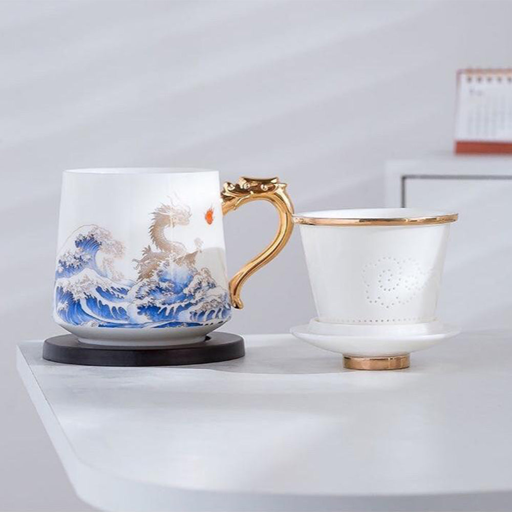 Exquisite Dragon & Sea Wave Jade Porcelain Tea Cup - Handcrafted Chinese Ceramic Tea Set for Gongfu Tea Ceremony, Home Decor & Gift