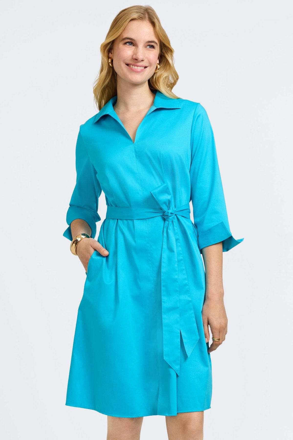 Agnes Stretch Matte Sateen 3/4 Sleeve Wrap Dress for Women - Elegant Office Wear & Cocktail Party Outfit