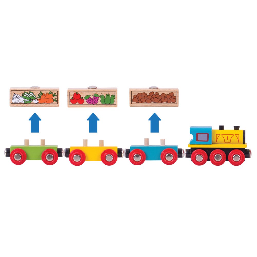 Bigjigs Rail Wooden Fruit and Veg Train Toy - Compatible with Major Wooden Railway Brands for Kids Pretend Play & Learning