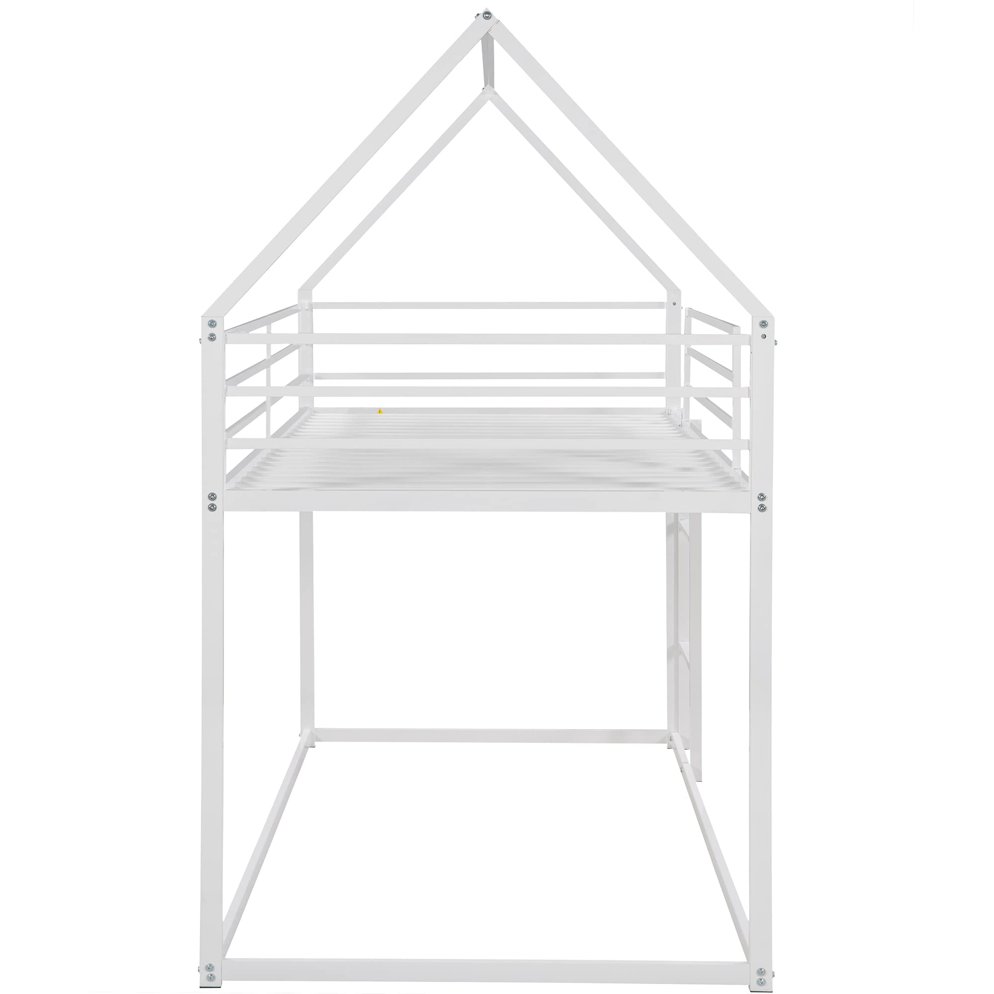 Twin Over Twin Metal Bunk Bed with Built-in Ladder - Sturdy Kids & Toddler Bunk Bed Frame - White House Style with Mosquito Net Option - Perfect for Small Bedrooms, Shared Kids Rooms & Vacation Homes