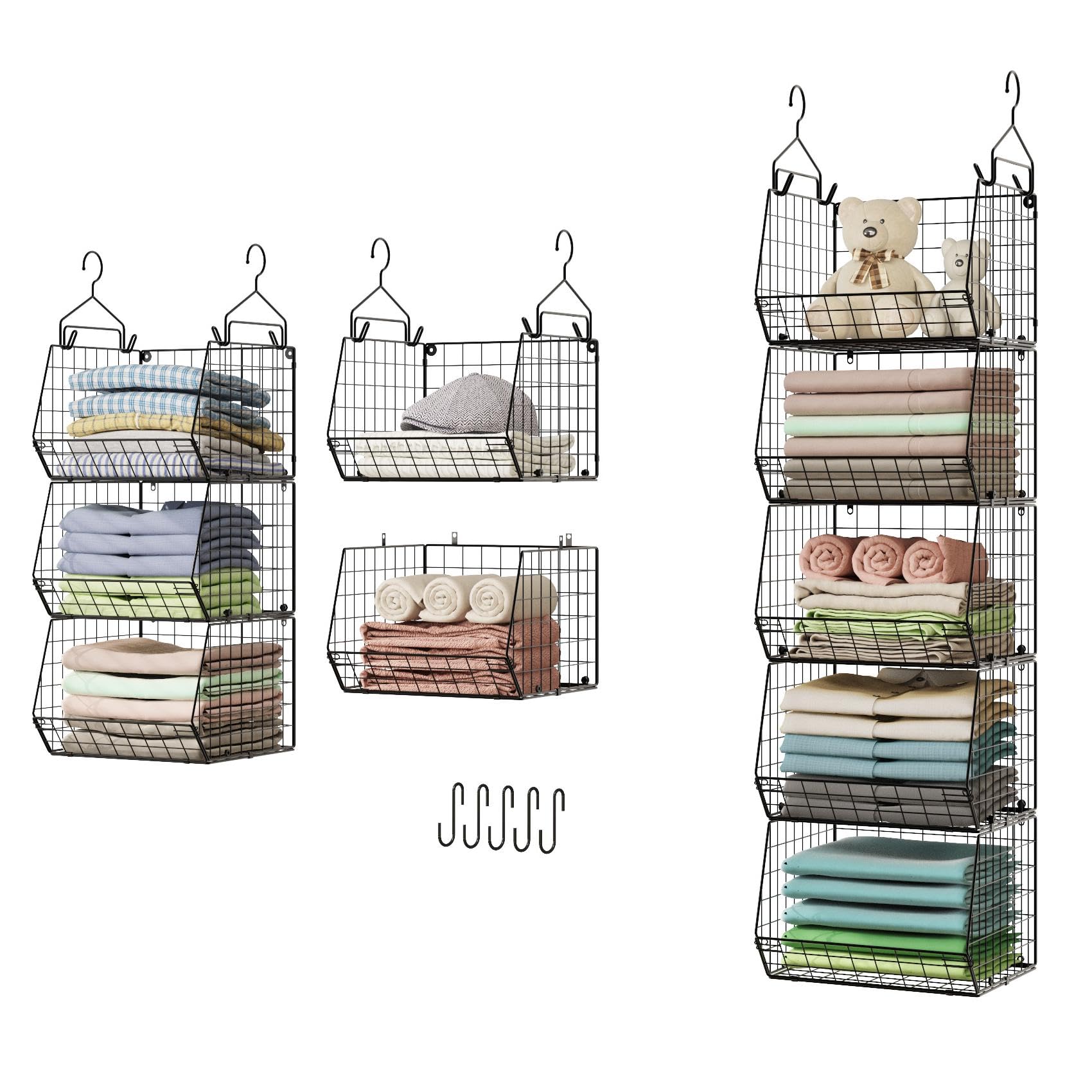 5-Tier Closet Hanging Organizer with 4 Hooks & 5 S-Hooks - Wire Storage Baskets for Clothes, Sweaters, Shoes, Handbags & Accessories - Space-Saving Wardrobe Organizer for Bedroom, Closet & Dorm Storage
