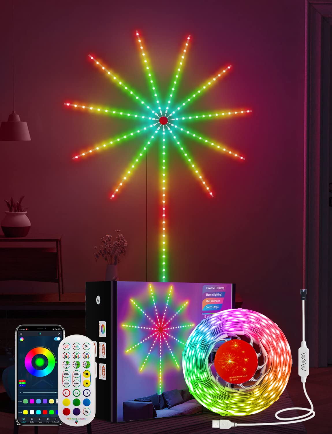 Daymeet Smart Firework LED Strip Lights - 16.4ft RGB Color Changing Lights with Remote & App Control, Music Sync for Bedroom, Christmas Decorations | Perfect for Parties, Home Theater & Holiday Lighting