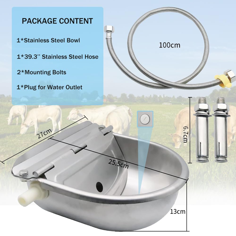 304 Stainless Steel Livestock Water Bowl with 39.37 Inch Pipe - Automatic Float Valve Farm Water Feeder for Horses, Cows, Goats, Sheep & Dogs - Durable Outdoor Animal Watering Solution for Barns, Pastures & Farms