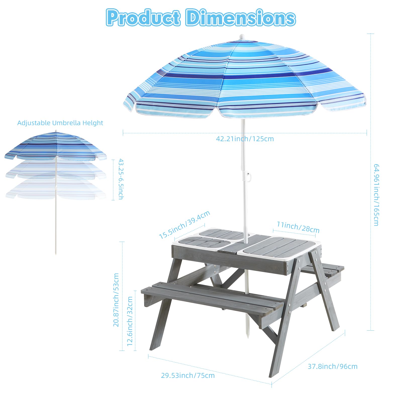 Beright 3-in-1 Adjustable Kids Picnic Table with Umbrella - Outdoor Wooden Sand & Water Sensory Play Table, Removable Tabletop & 3 Storage Bins - Perfect for Backyard, Patio, Park & Beach Playtime