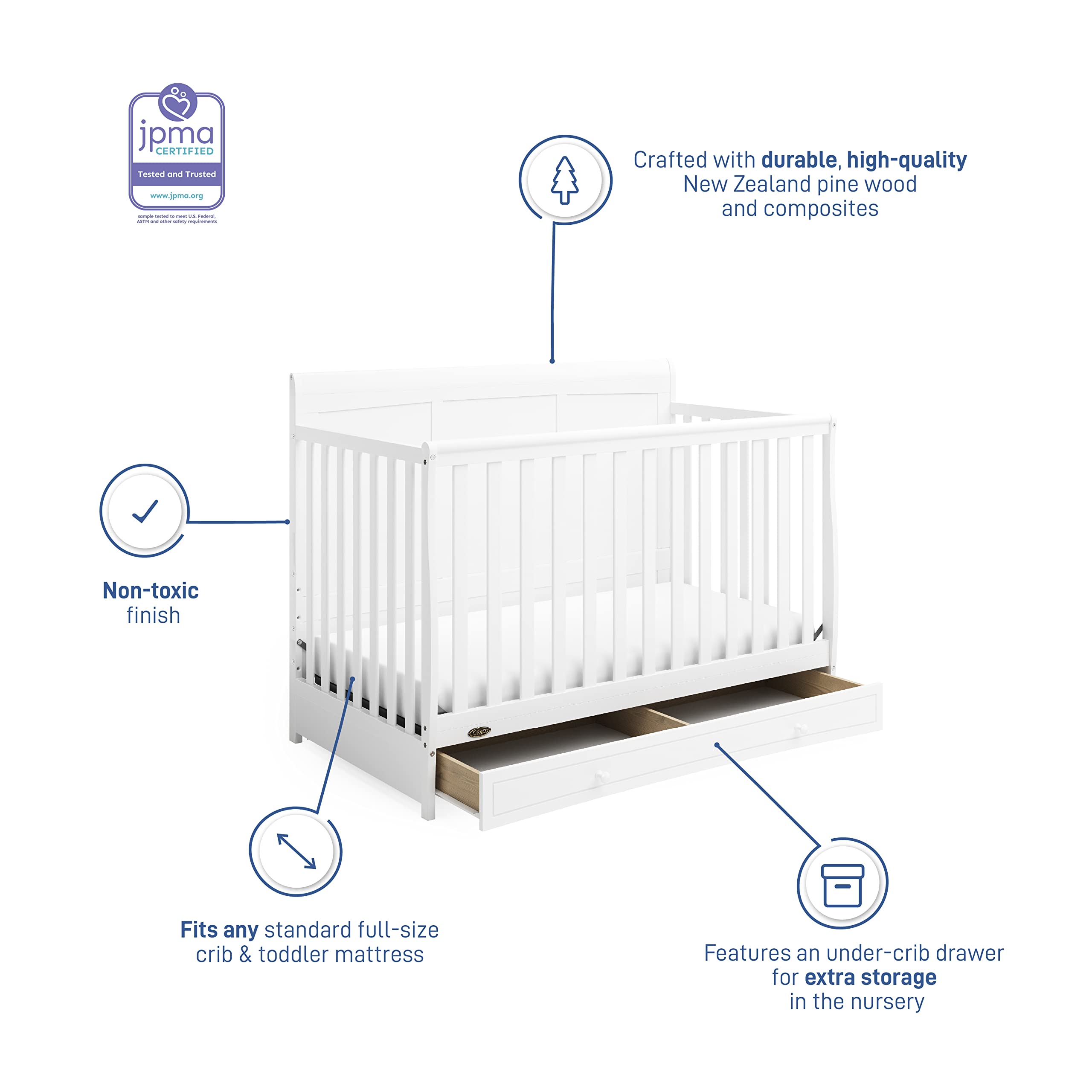 Graco Asheville 5-in-1 Convertible Crib with Storage Drawer - GREENGUARD Gold Certified White Baby Crib | Converts to Toddler Bed, Daybed & Full Size Bed | Perfect for Nursery, Bedroom & Guest Room