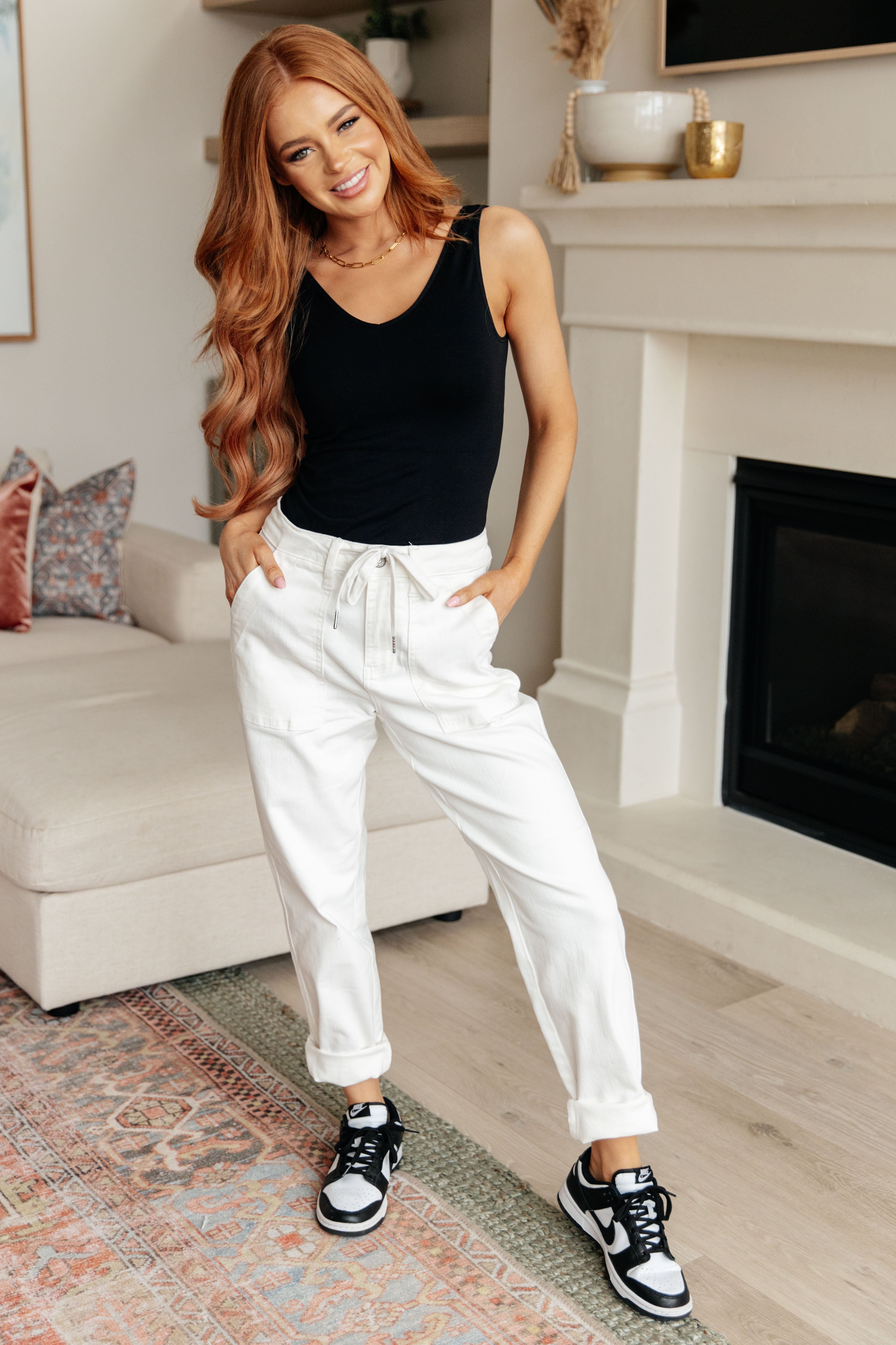 Judy Blue Women's Ecru Charlene High Rise Jogger Pants - Comfortable Stretch Yoga Lounge Pants for Casual Wear, Workout & Home Relaxation