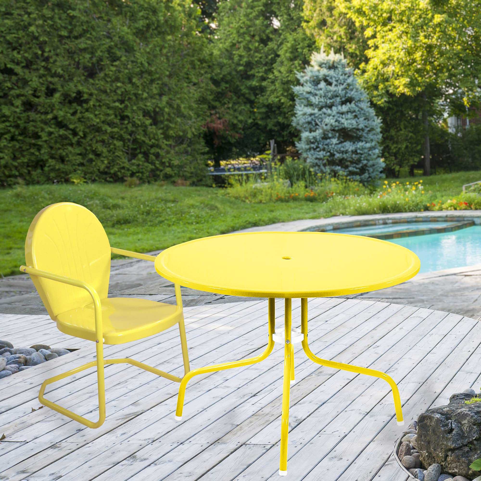 Vintage Yellow Metal Tulip Outdoor Dining Table - 39.25 Inch Retro Patio Furniture for Garden, Backyard, Poolside & Cafe Dining