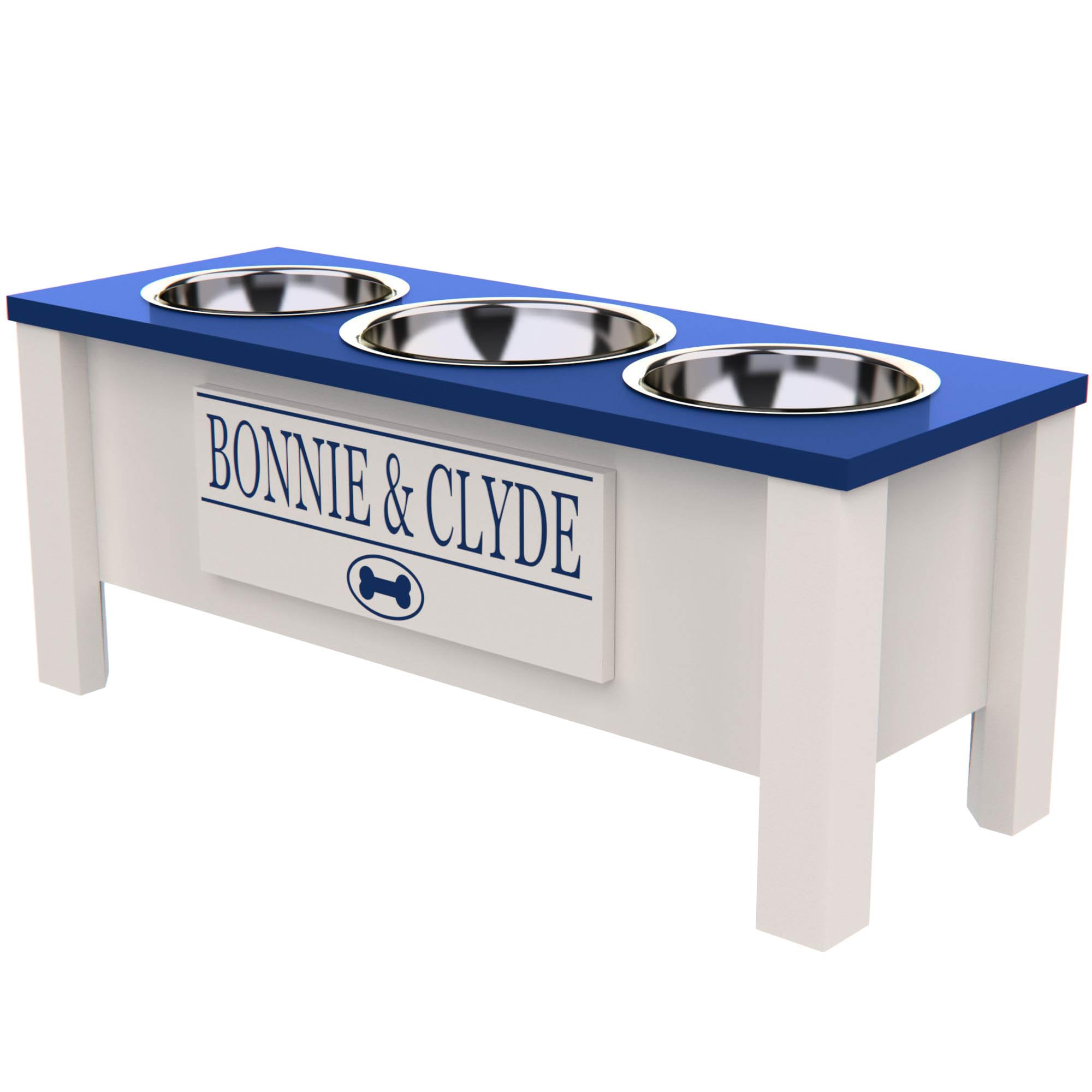 Personalized Elevated Triple Dog Bowl Stand for Large, Medium, Small & X-Small Dogs - 3 Stainless Steel Food & Water Bowls with Internal Storage (Large, Blue) - Perfect for Feeding Multiple Pets & Space-Saving Kitchen Organization