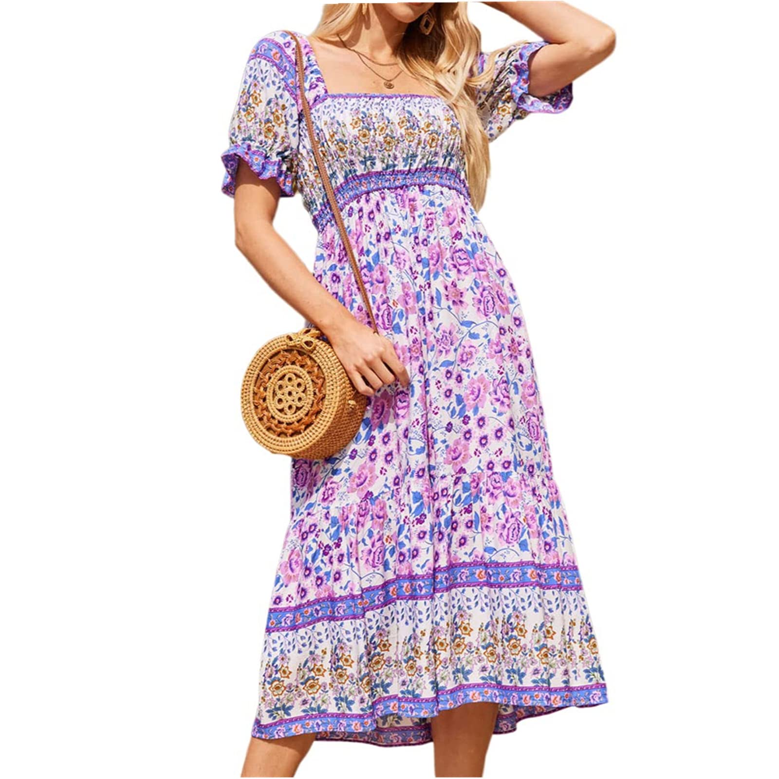 Fernvia Women's Bohemian Floral Print Pleated Dress - Short Sleeve Summer Boho Maxi Dress for Beach, Vacation & Festival Outfits